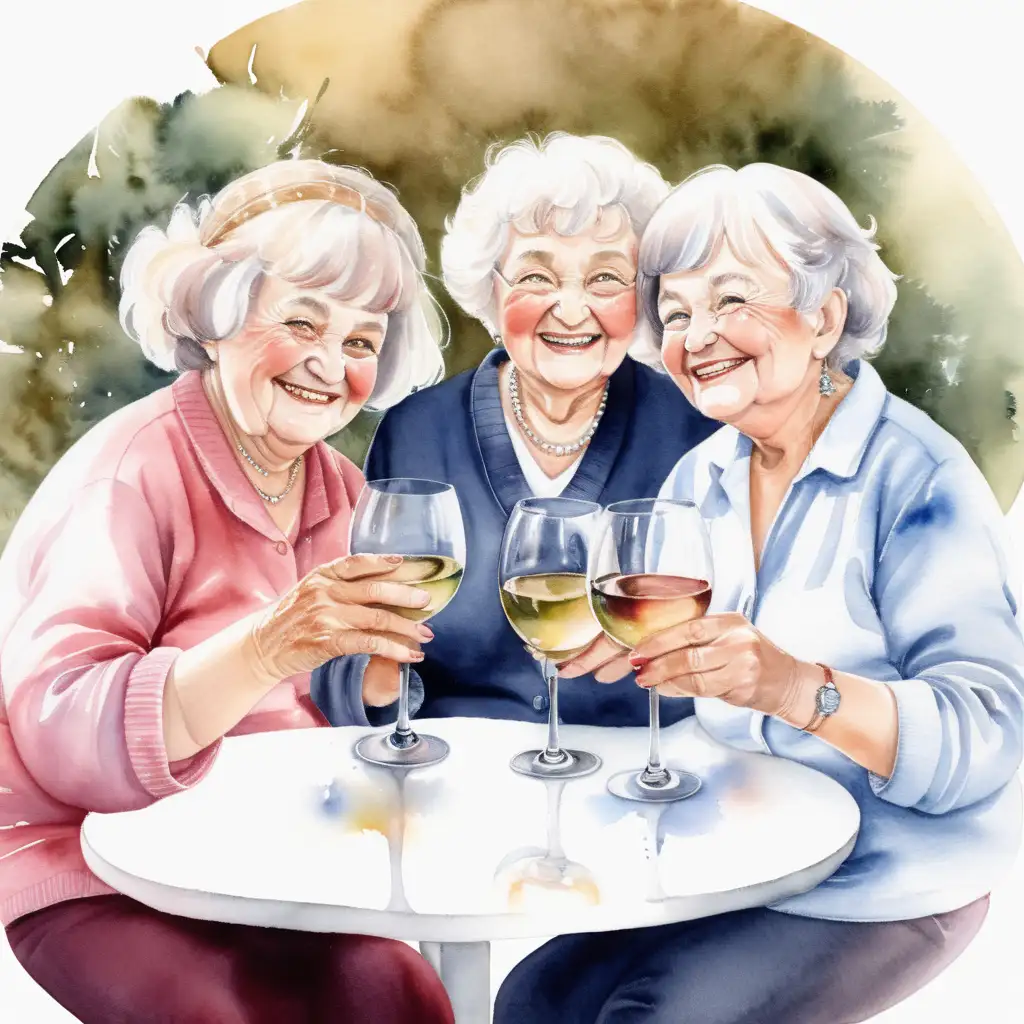 Tre glada äldre , lite runda kvinnor som sitter bredvid varandra och dricker ett glas vin, med vattenfärg 