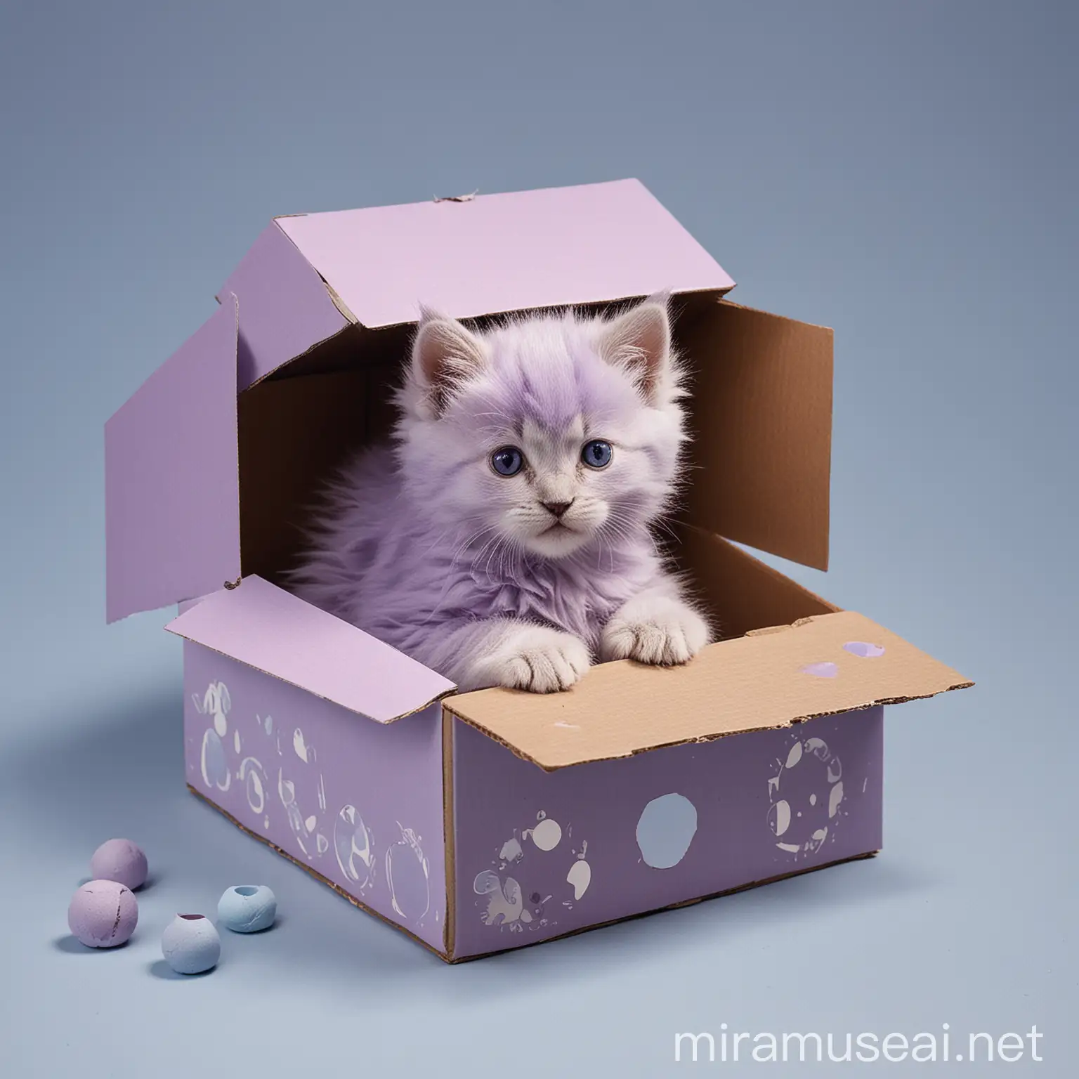 Fluffy Kitten Playing with Cardboard Box in Lilac and Blue Room
