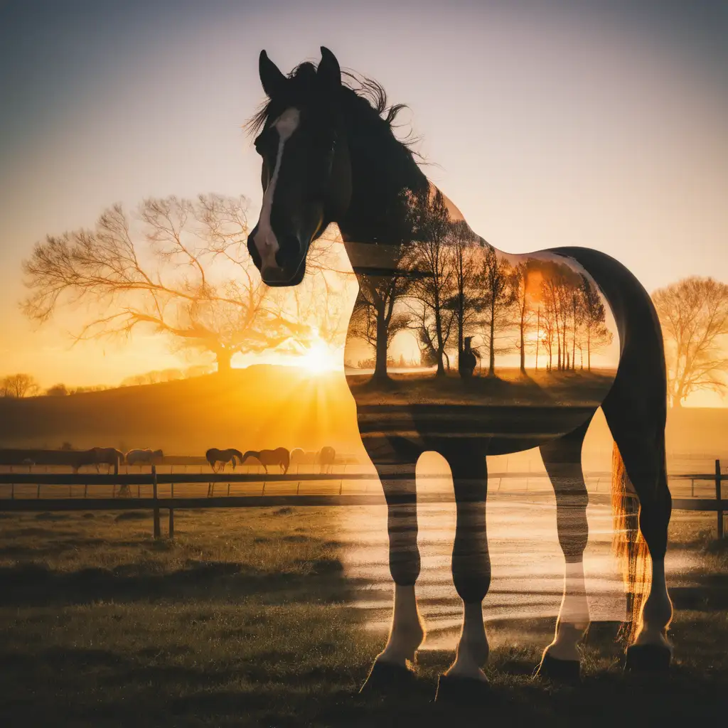 Majestic Double Exposure Horse Silhouetted Against Vibrant Sunrise