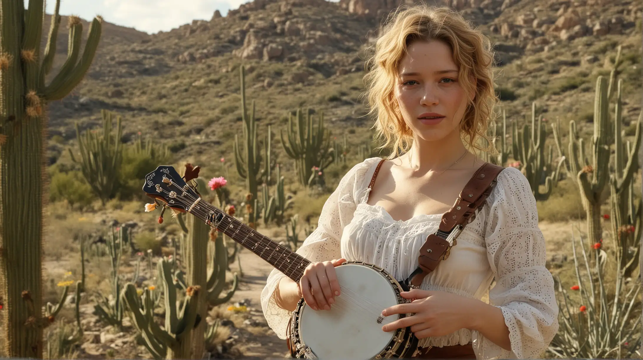 Léa Seydoux, 5 fingers, playing banjo, freckles, perky figure, big boobs, sexy, outdoors, seductive pose, natural lighting, Wild West, prairie, huge blooming cacti