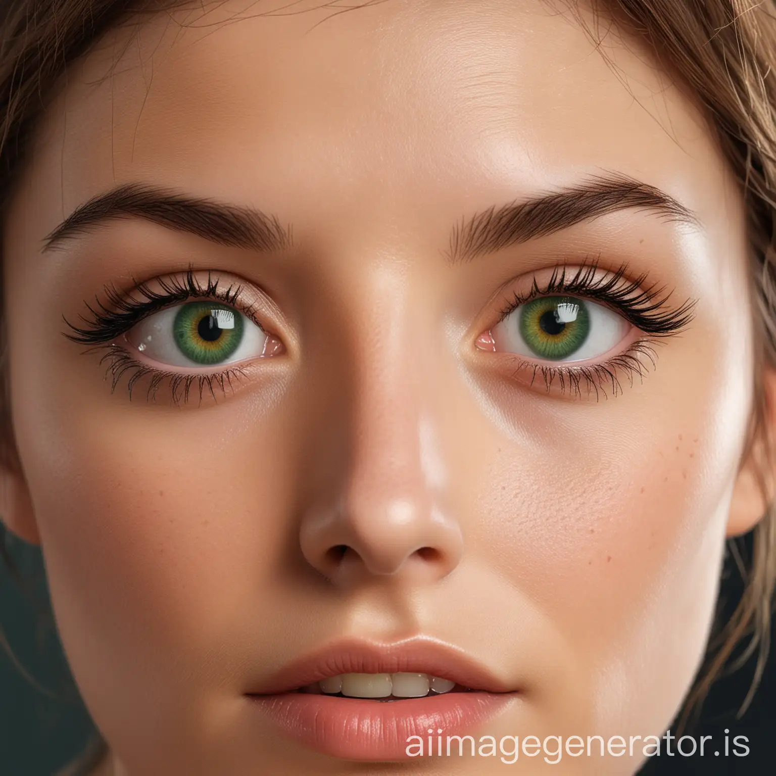 generate an image of a realistic looking women wearing green contact lenses and is showing only her face