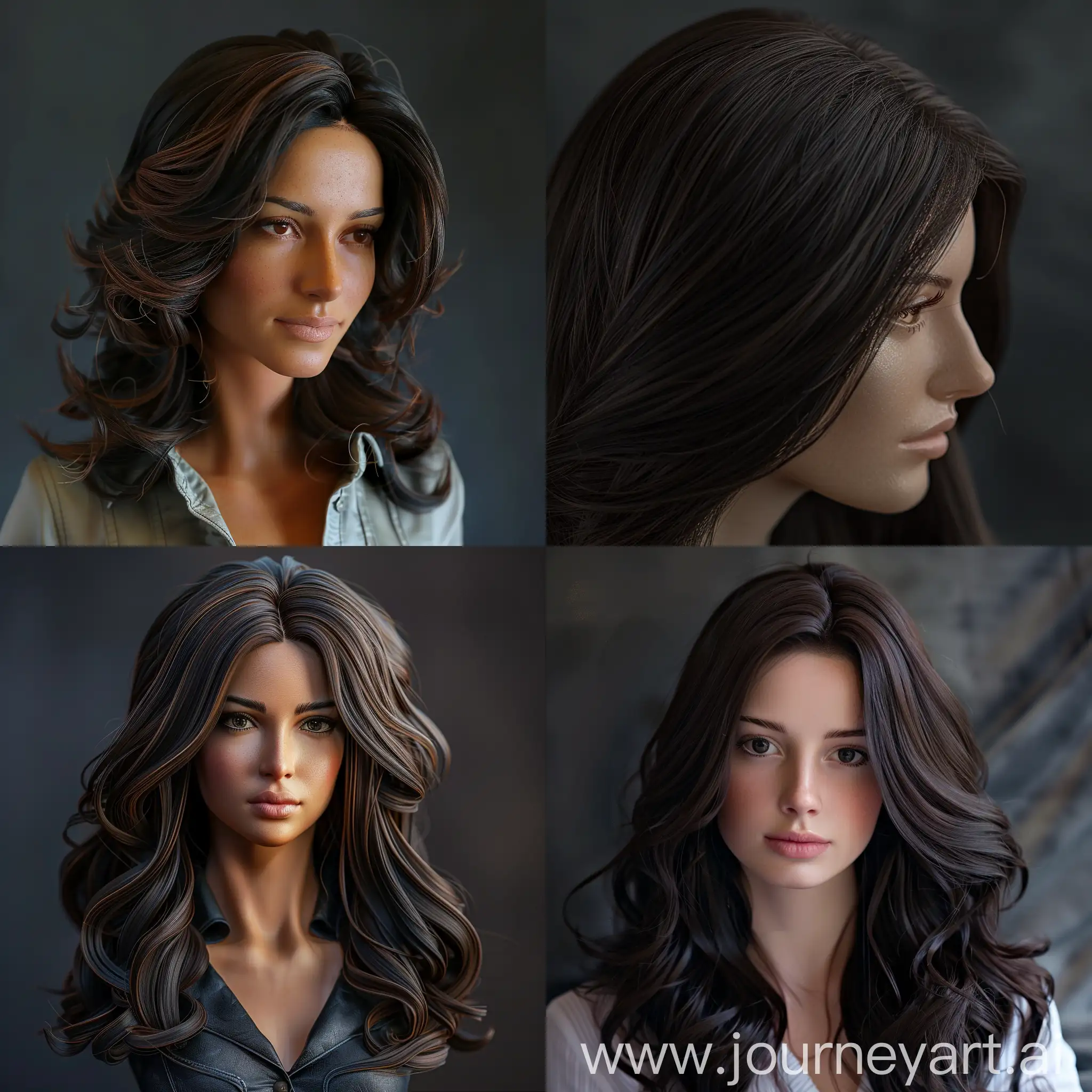 An ultra detailed and high quality, the prettiest woman beautiful dark brown highlights colored hair to sculpt in shampoo commercial in front of advertising photo studio dark grey backdrop. Her entire head and hair are captured in this masterpiece.