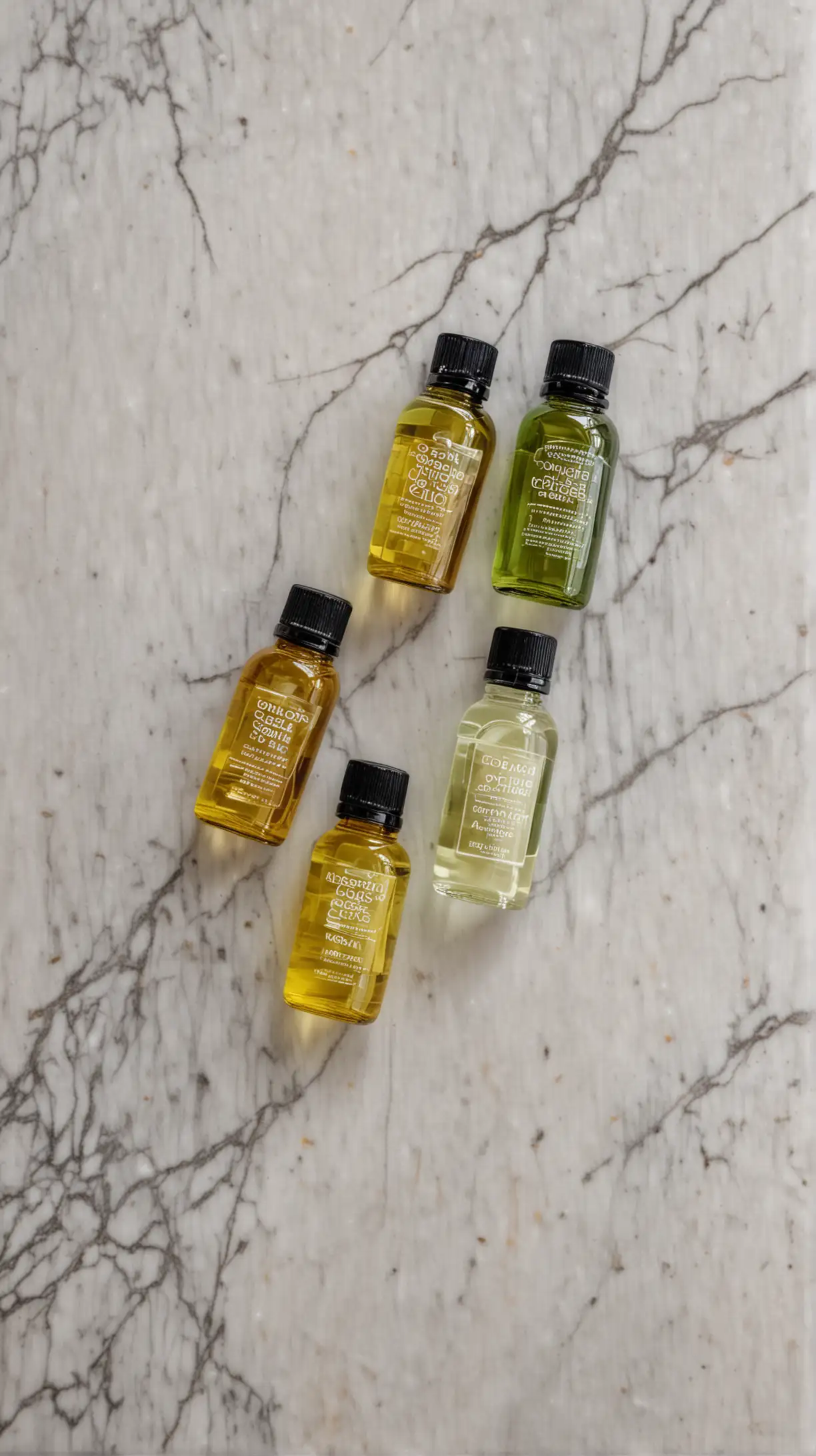 Assorted Carrier Oils Displayed on Marble Countertop