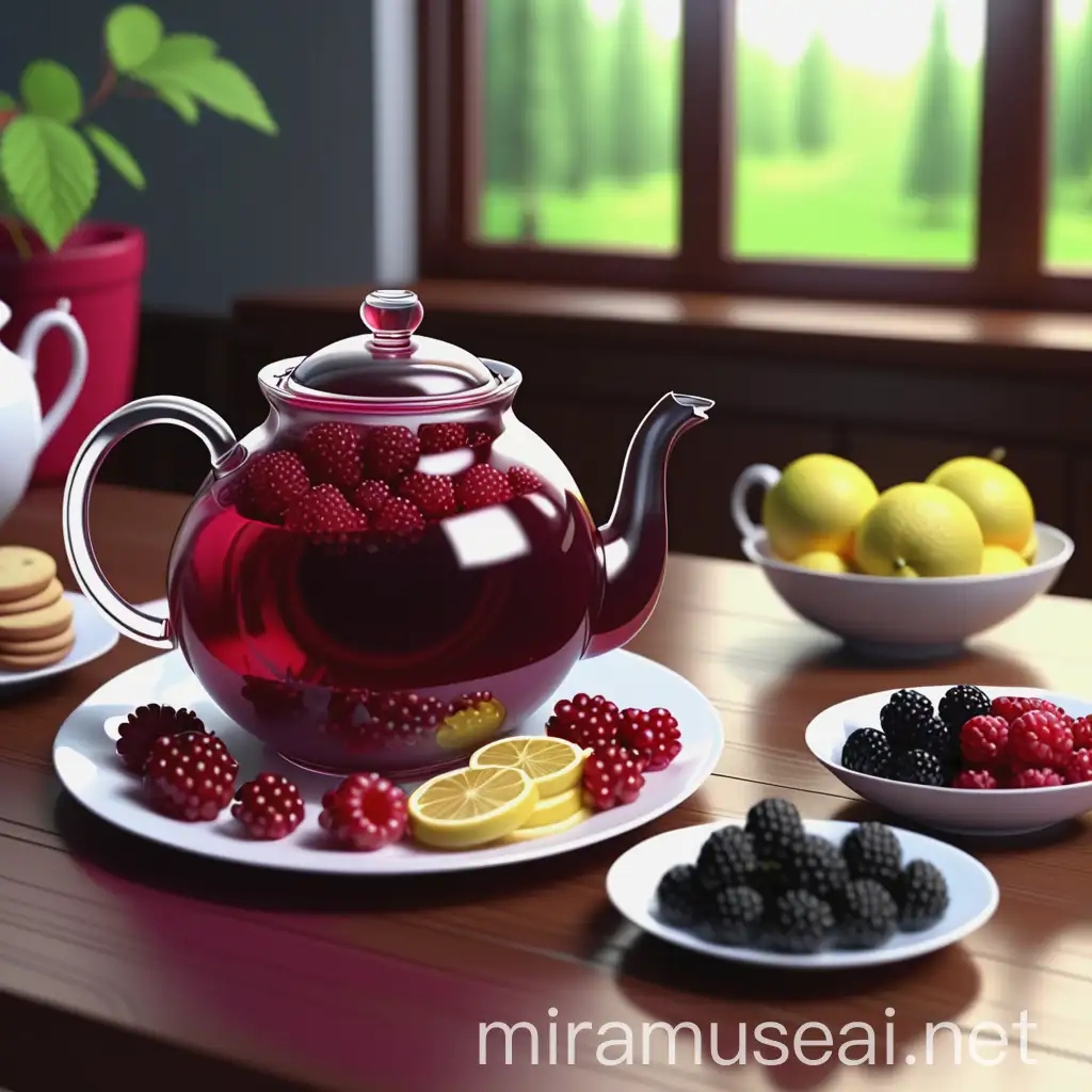 без надписей мультяшный чайник на столе заставленый закуской к чаю 
а в нем : малина, много клубники, ежевика , черника , лимон, яблоко, имбирь ,4к 8к