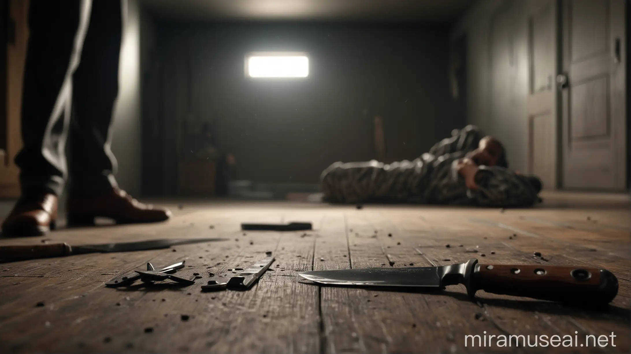 realistic ai image: focus on sharp knife, one man laying on floor in background, dark room, long shot, detailed