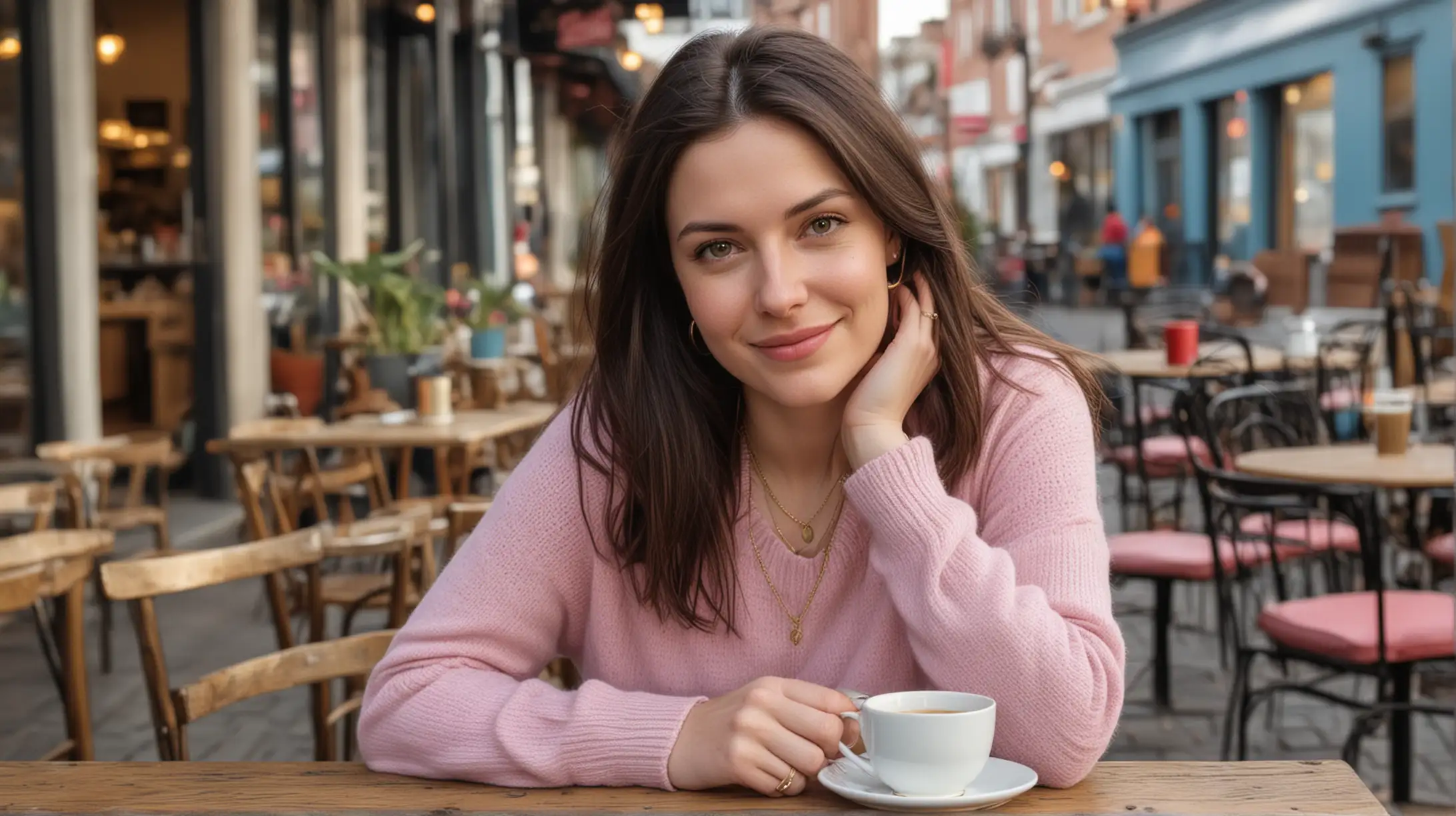 30 year old pale white woman, long dark brown hair parted to the right, pink sweater, blue jeans and a gold necklace, sitting at an outdoor city cafe table with one cup of tea and one teapot
