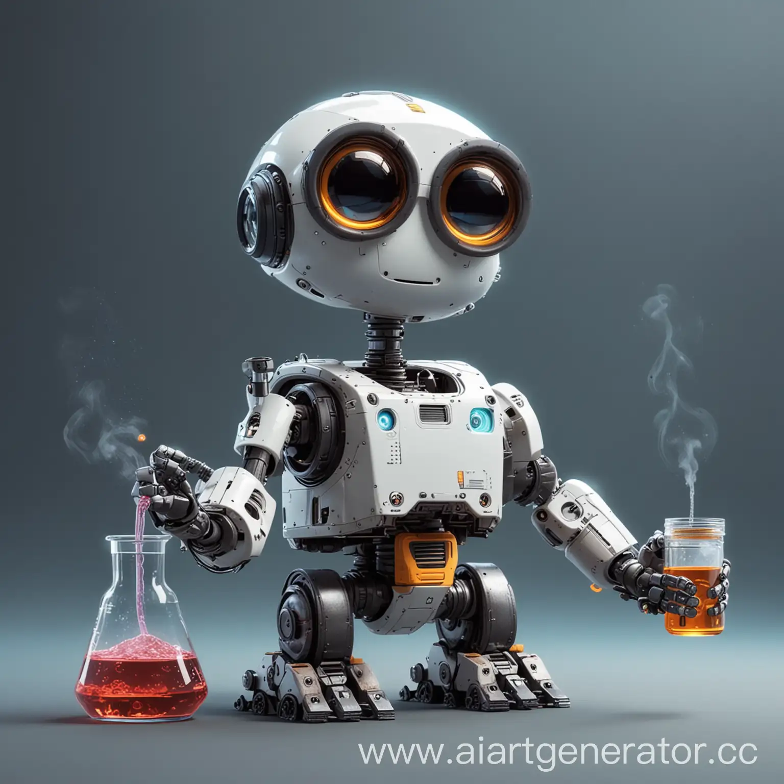 милый робот проводит химический эксперимент в стиле мультика киберпанк. робот как из мультика валли

