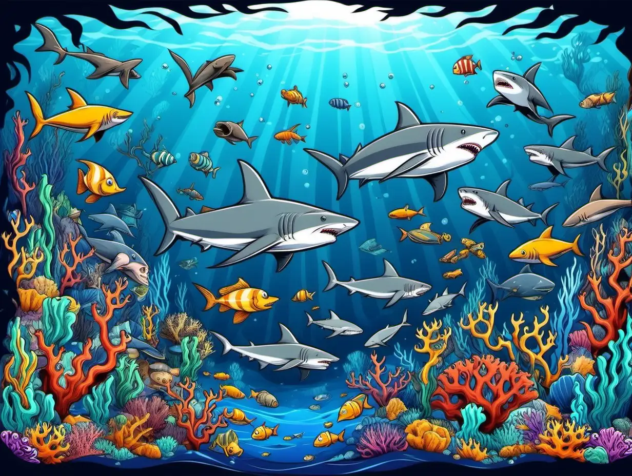 Cartoon underwater sea with fish, sharks and sea creatures