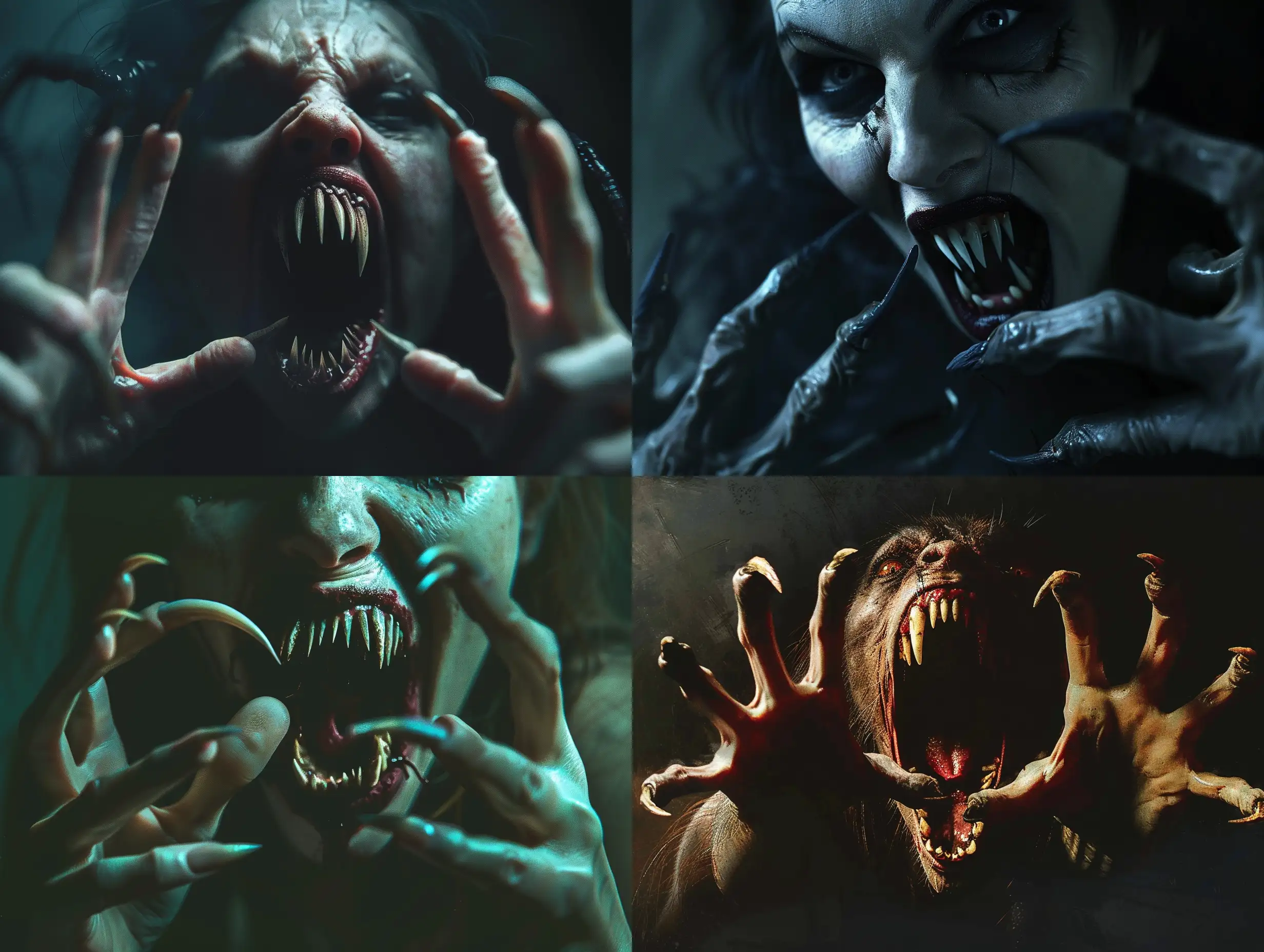 A photorealistic scene of a wild vampire woman emerging from the darkness, her menacing mouth open to reveal terrifying fangs. Her long, pointed fingernails resemble the claws of a predator, adding to the eerie and haunting atmosphere. The vampire's appearance is grotesque, with every detail meticulously textured and detailed, from the anatomical accuracy of her hands with five fingers to the hyper-realistic rendering of her undead features. The cinematic quality of the scene intensifies the horror, creating a nightmare-inducing image that is both aggressive and intensely creepy. The atmospheric lighting adds to the overall sense of terror, making this an incredibly detailed and realistic portrayal of a monstrous vampire