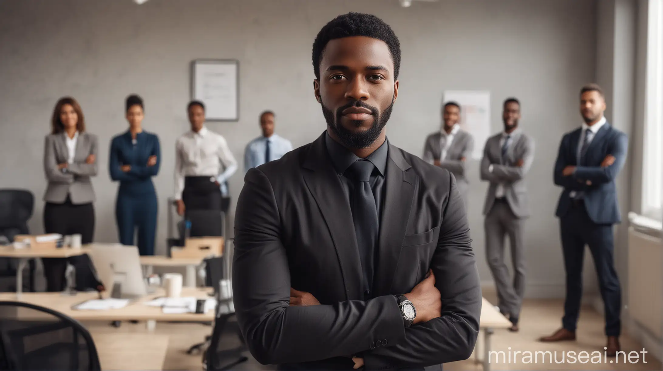 A PICTURE OF A BLACK OFFICE MAN STANDING OUT AS THE BEST FROM OTHERS WITH A BEAUTIFUL OFFICE BACKGROUND