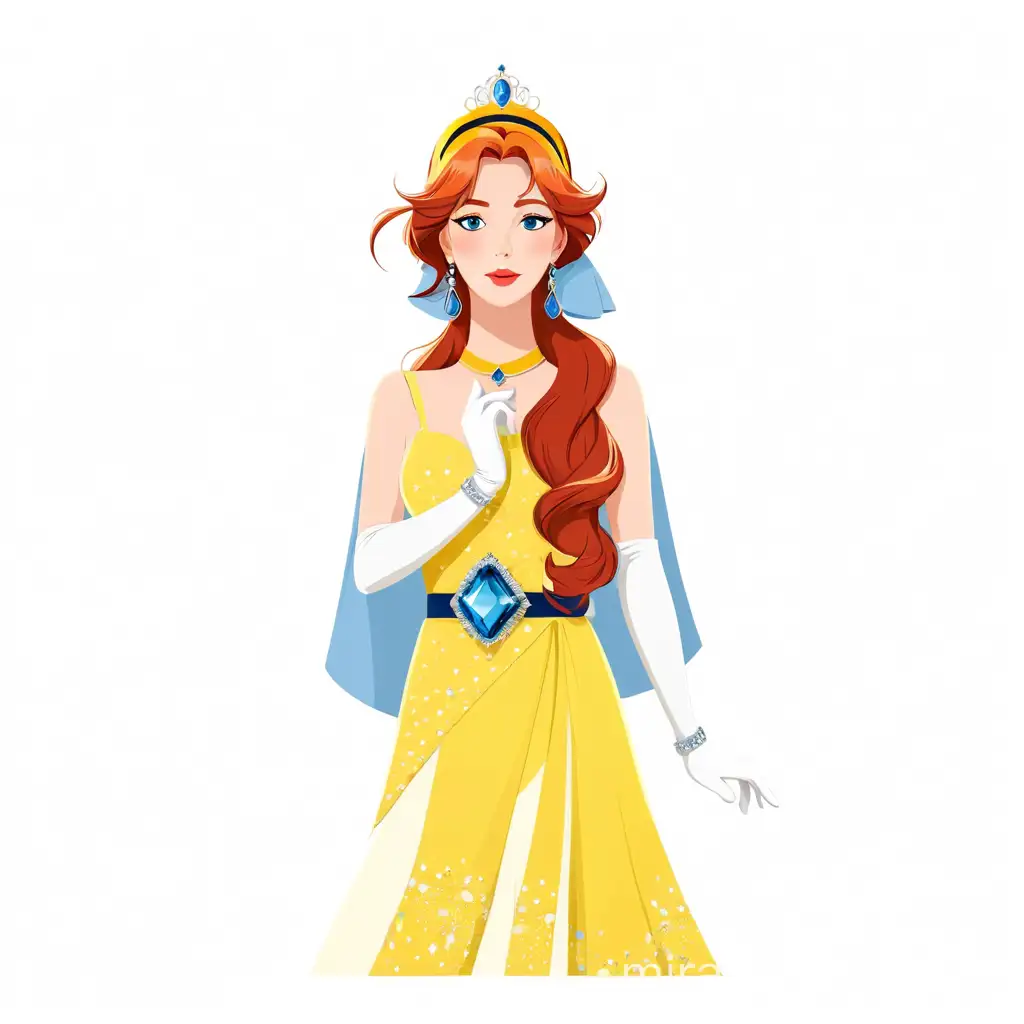 anastasia princess, full body, minimalist, vector art, colored illustration with a black.
Anastasia is a beautiful, elegant and attractive young woman. She wears a yellow dress with a blue belt, with white opera gloves, a silver choker around her neck, diamond earrings hanging from her ears, and her red hair was tied with a yellow hairband.
