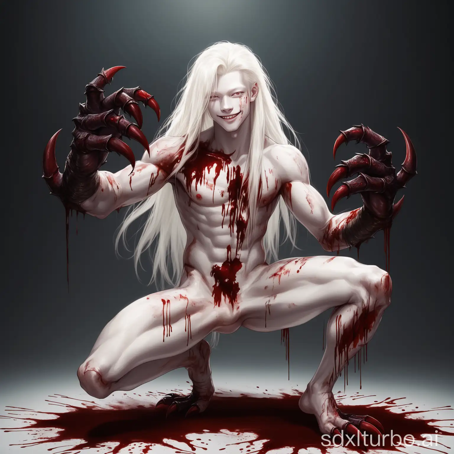 Albino monster handsome young man, long hair with bangs, with gore blood stains on the body, open legs, with claws, smiling, sensual posing, full body,