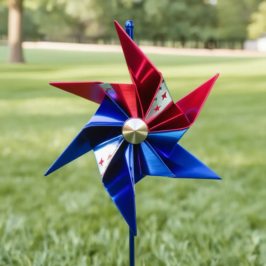 Vibrant Red White and Blue Metallic Pinwheel in Motion