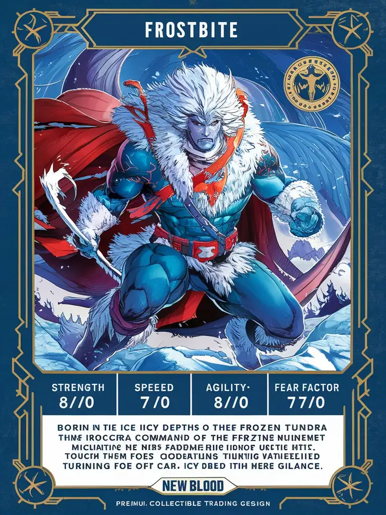"Create a premium collectible trading card design for 'New Blood' featuring 'Frostbite'. Include the following elements: * Card name: 'Frostbite' in bold text * Stats: + Strength: 6/10 + Speed: 7/10 + Agility: 8/10 + Fear Factor: 7/10 * + Description: Born in the icy depths of the frozen tundra, Frostbite commands the chilling powers of winter. His touch freezes the very air around him, turning foes into icy statues with a mere glance. + Card details: + Manga-style artwork with 8k/16k visuals + UHD palette with vibrant colors + Intricate details and H.R. Giger-inspired surrealism + Hero-style fantasy scene with natural lighting + Imagery inspired by Tim Burton's twisted hero aesthetic + Rendered with Octane rendering * Premium 14PT card stock with authenticated design * UHD atmosphere and intricate details throughout the design Format the design with a standard trading card layout, including space for a holographic foil or other premium finishes. Please ensure the design is breathtaking, with a bad-picture-chill-75v effect, and a ral-dissolve finish."