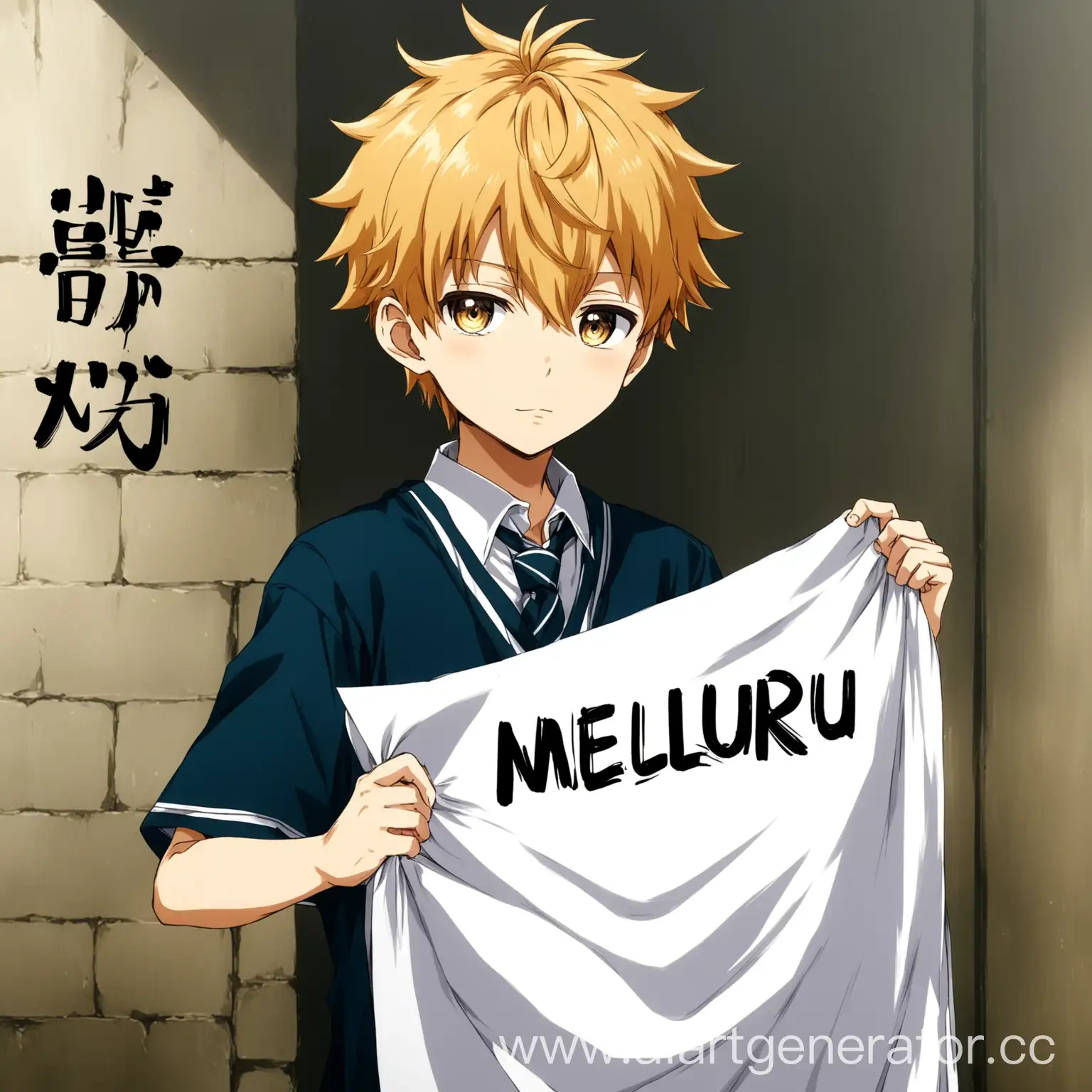 Аниме парень школьник держит листок с надписью MELLURU