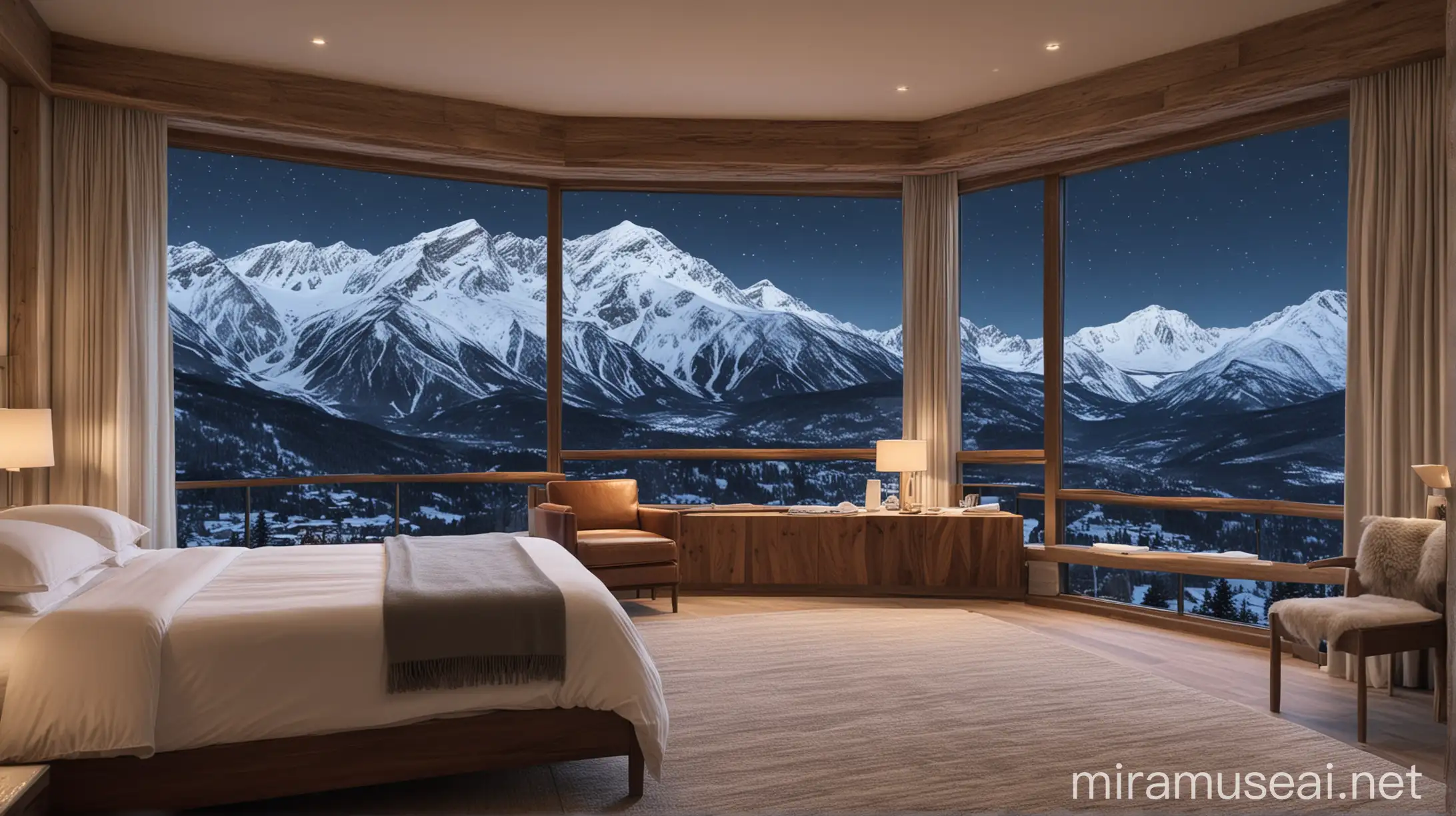 Bedroom with SnowCovered Mountain View at Night