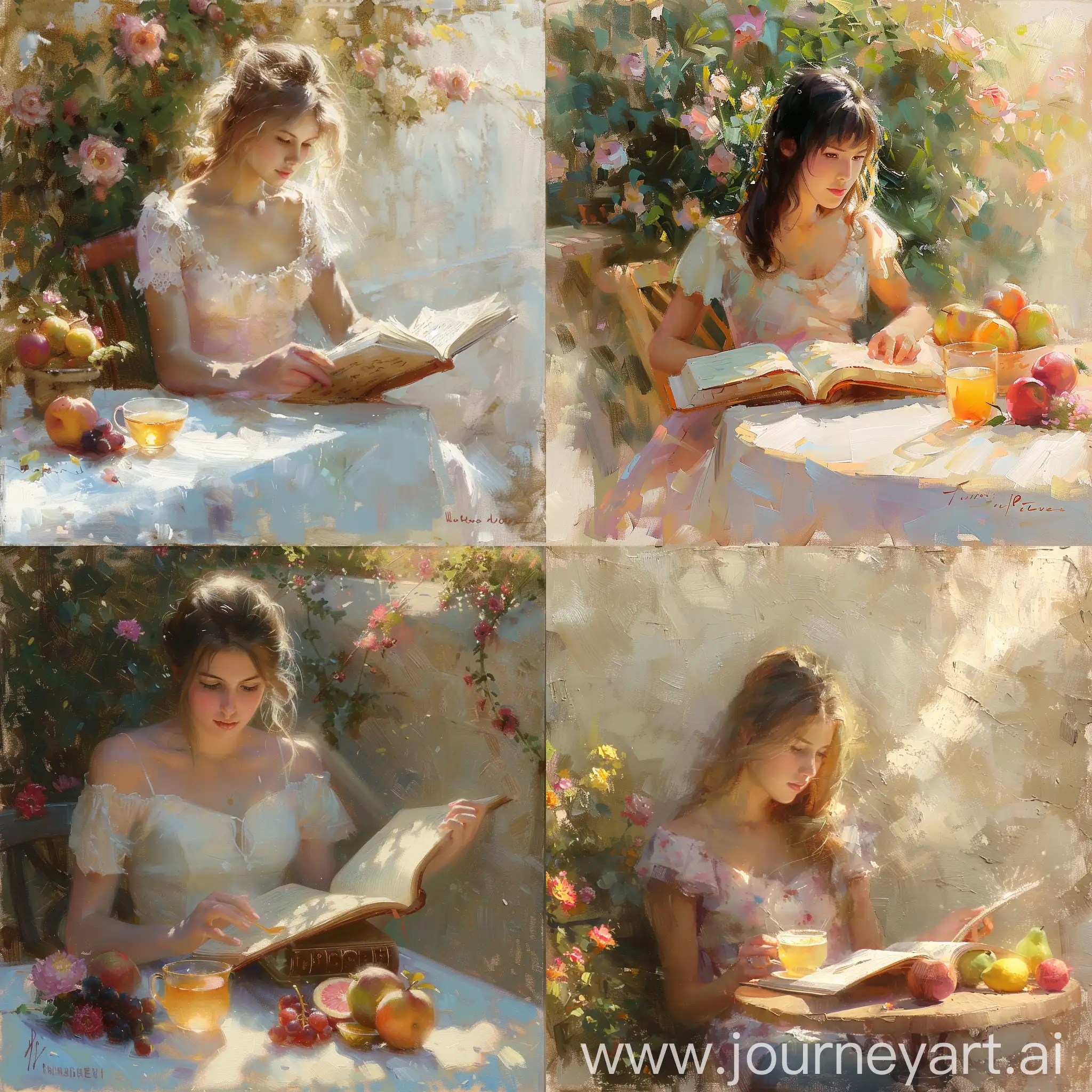A young woman sits at an outdoor table, reading and enjoying afternoon tea with fruits on the side. The sunlight shines through her hair as she reads intently in soft colors. There are also some flowers next to it, adding beauty to its surroundings. In the style of oil painting, soft tones, delicate brushstrokes, and warm light create a comfortable atmosphere. 