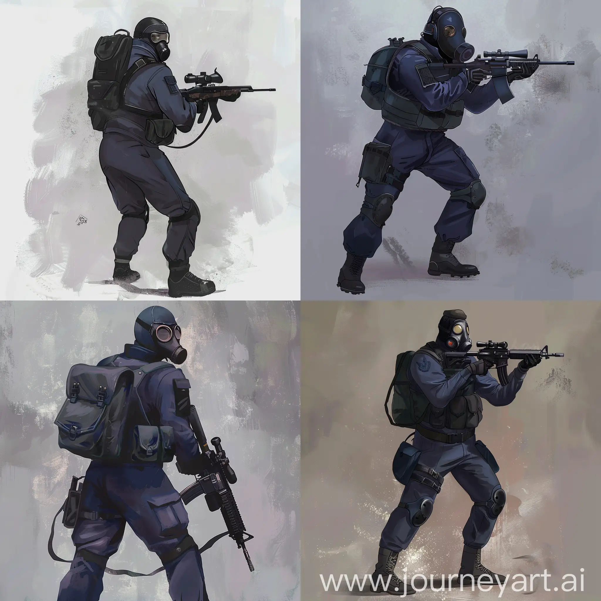 Concept character art, dark purple military suit, gasmask on his face, small military backpack, military unloading on his body, sniper rifle in his hands.