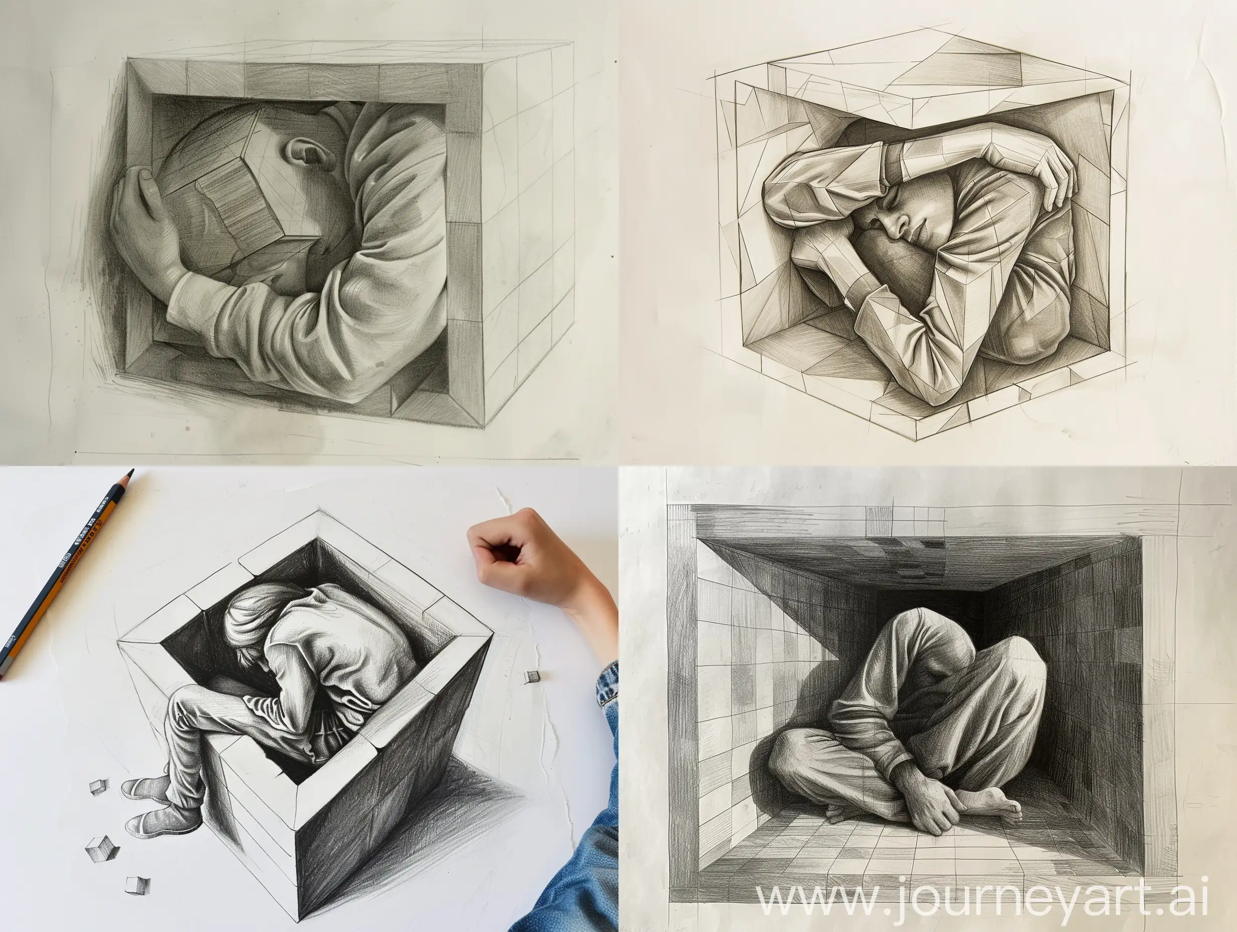 Conceptual-Pencil-Drawing-of-Person-Curled-Inside-Closed-Cube