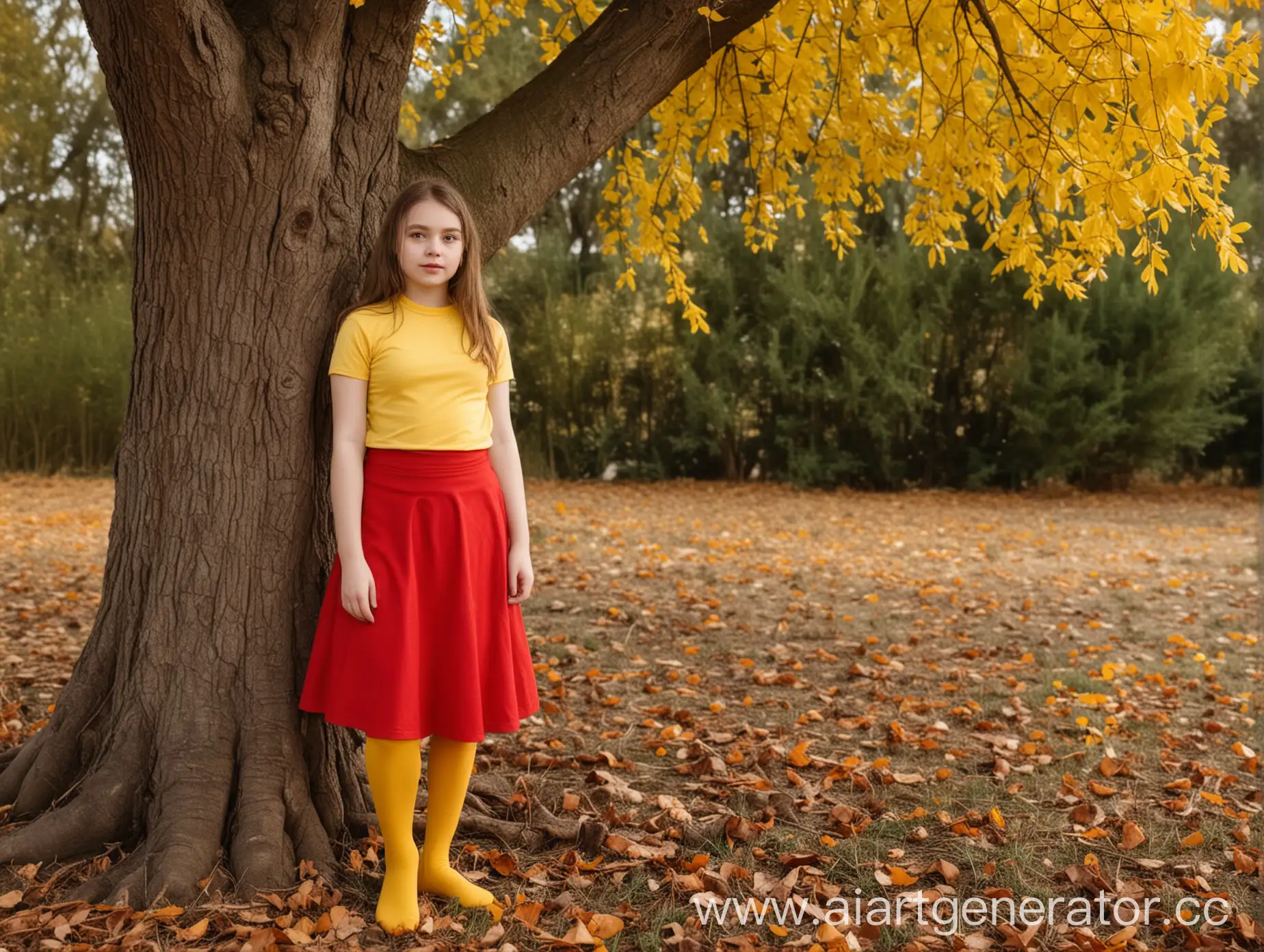 Girl dressed in red midi skirt with red tights and yellow t-shirt. Girl standing in front of the tree