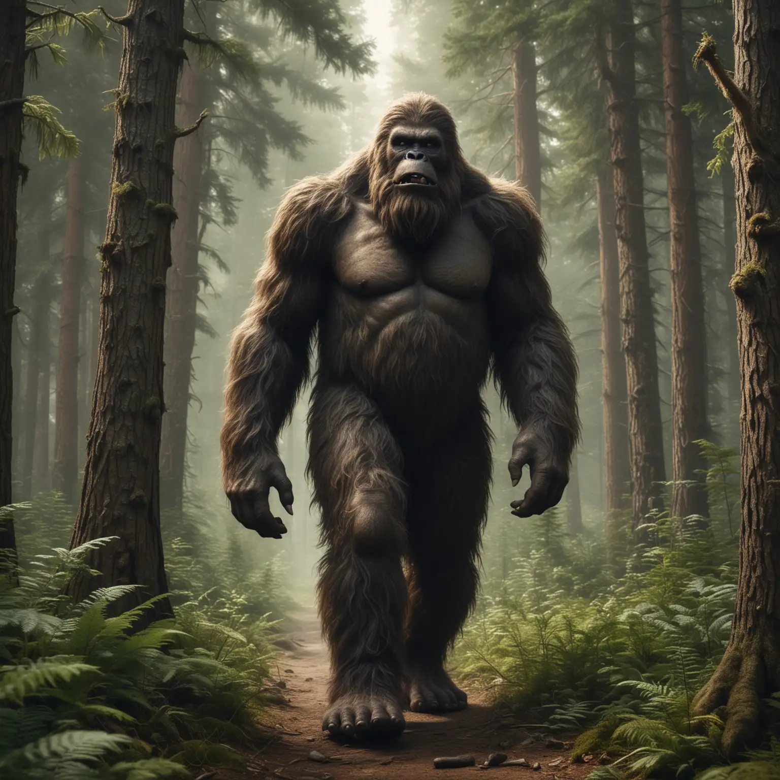 Bigfoot Roaming Through Dense Forest Wilderness