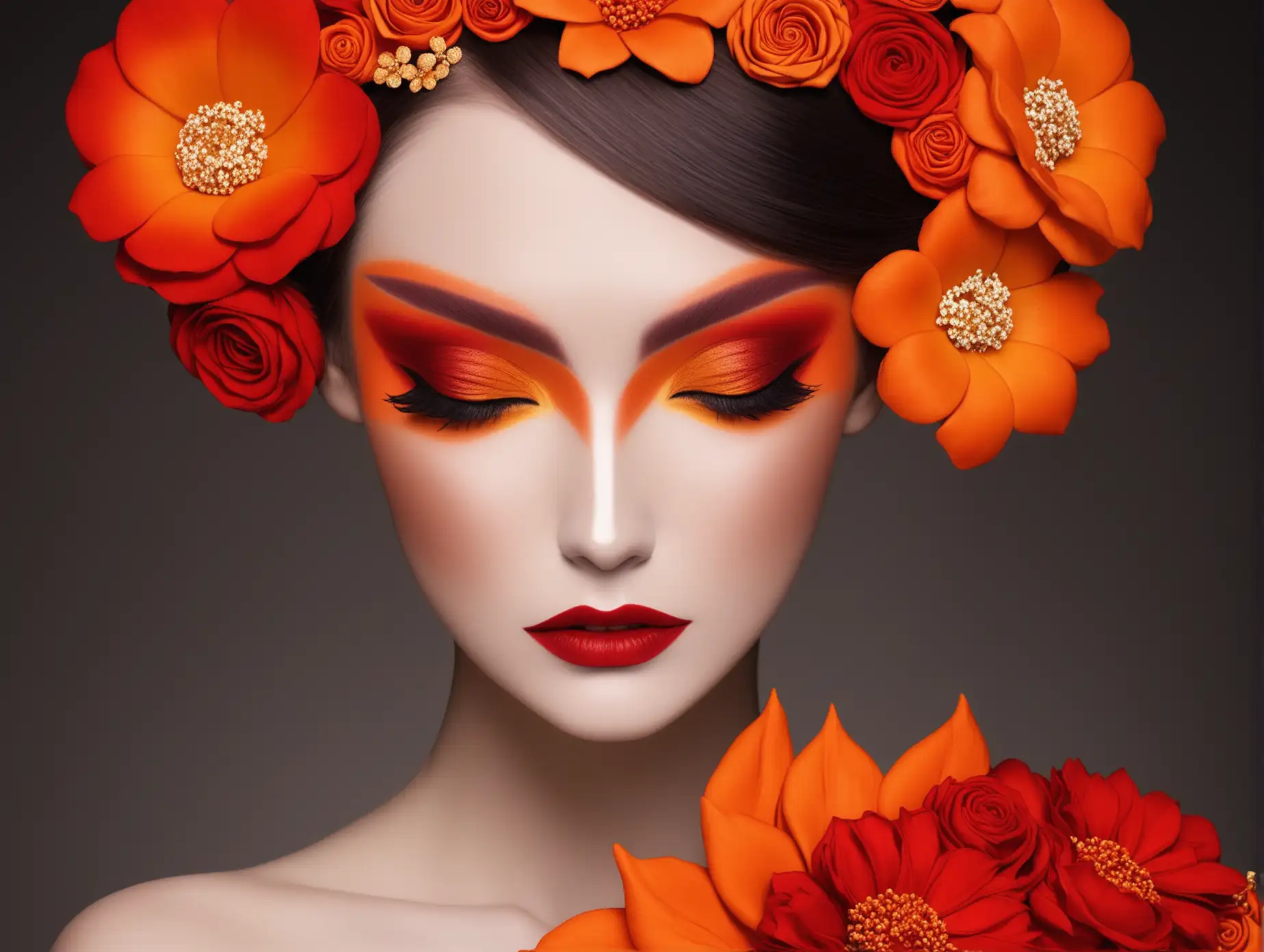 Vibrant-Red-and-Orange-Couture-Flowers-Makeup-Art