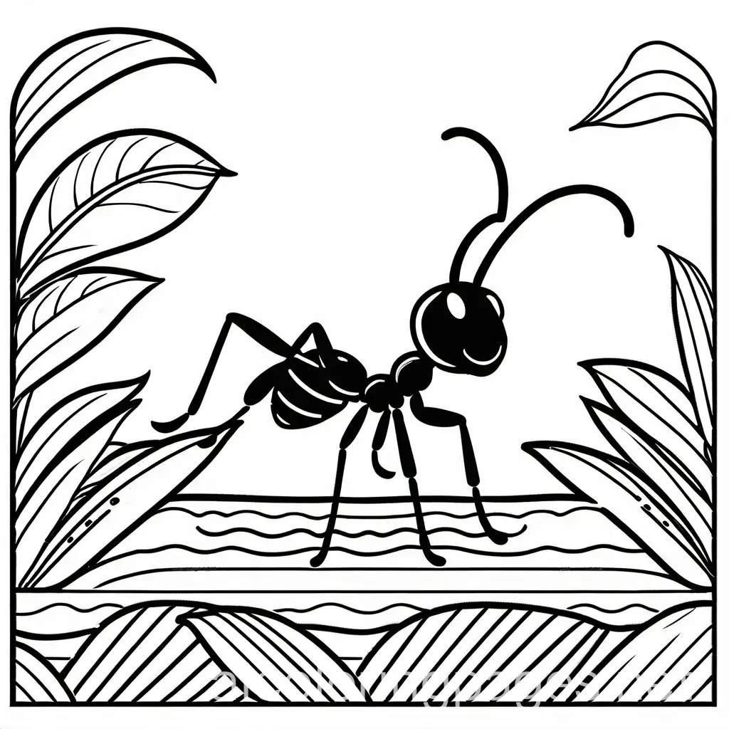 an ant black and white coloring page, Coloring Page, black and white, line art, white background, Simplicity, Ample White Space. The background of the coloring page is plain white to make it easy for young children to color within the lines. The outlines of all the subjects are easy to distinguish, making it simple for kids to color without too much difficulty