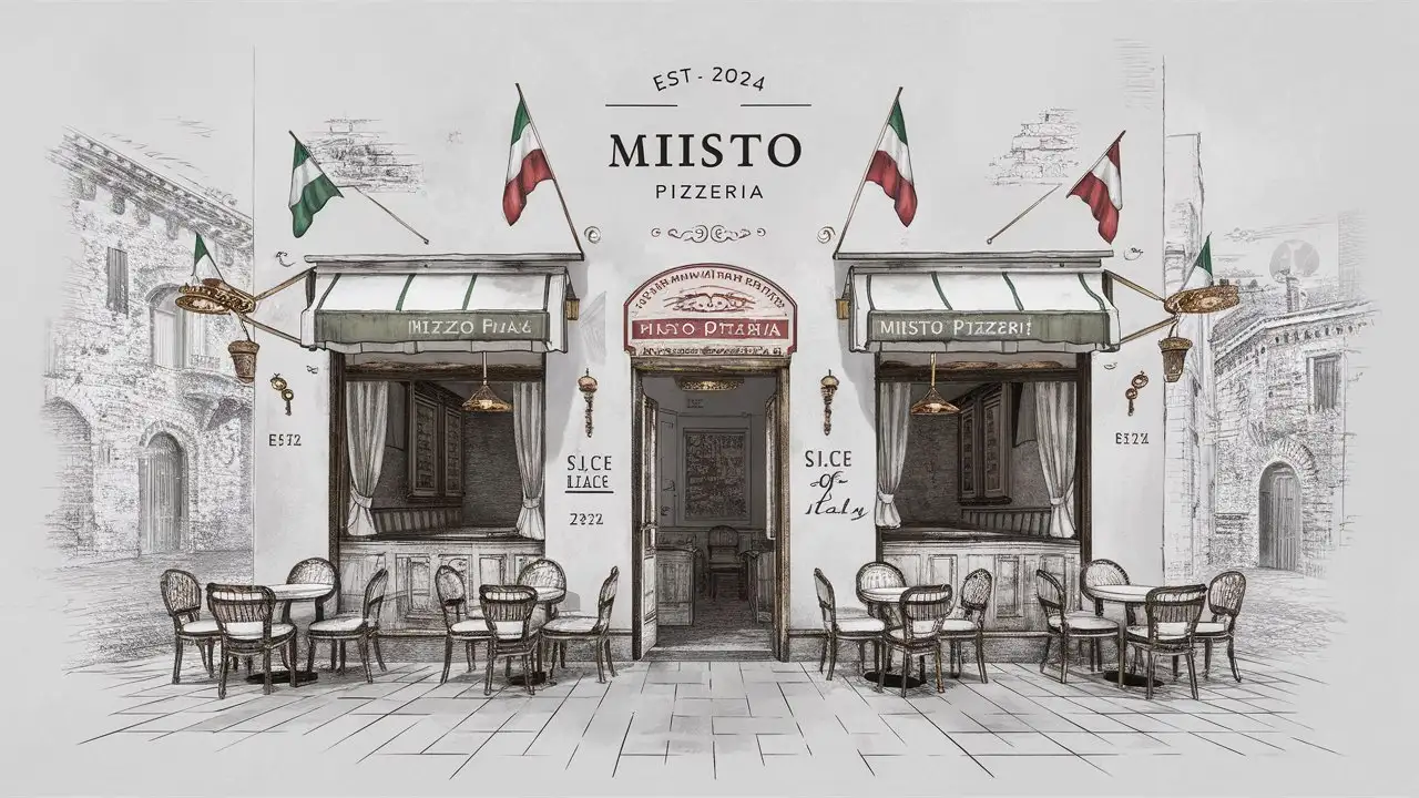 Minimalist Misto Pizzeria with Edge Decorated Design in Italian Colors on White Background