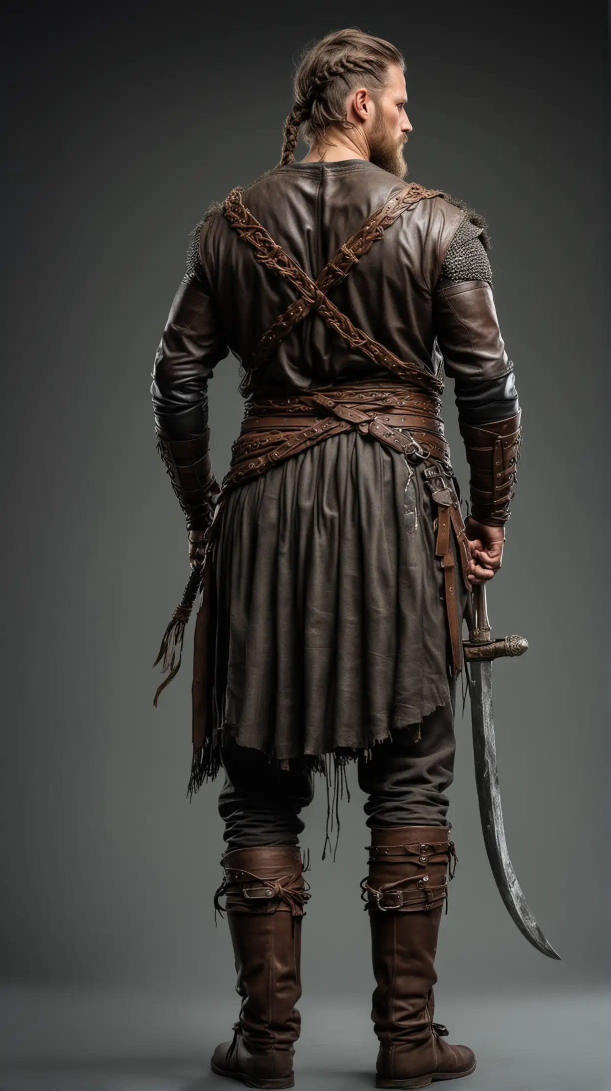 muscular viking warrior, back view, head facing fully forward, no side or face shown, full body, short dark hair tied in knot, viking clothes and weapons, leather sleeves