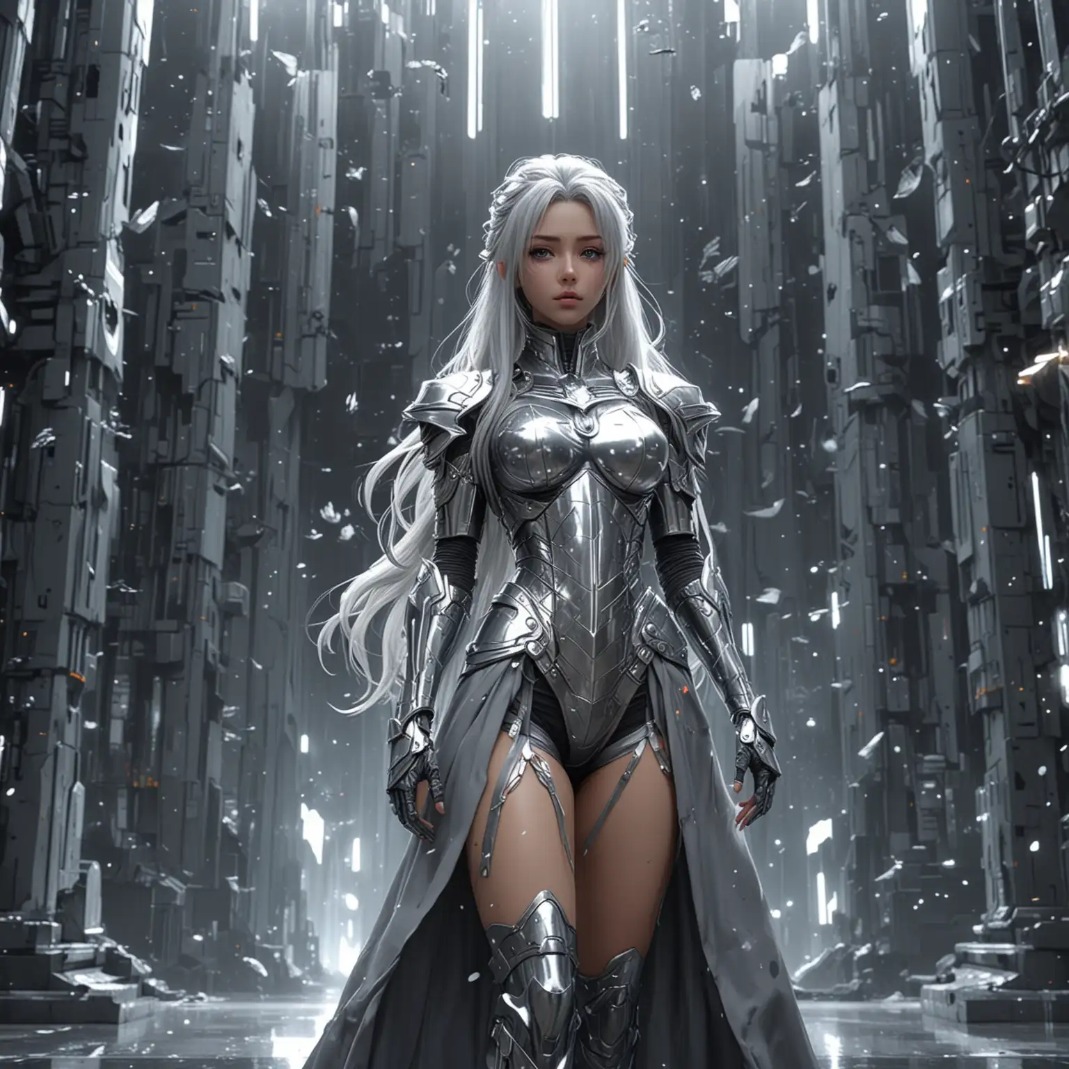 8k vacant outer space, wearing silver-gray armor anime haughty queen standing before the throne looking at all the filled with science fiction style cold buildings, long hair, swaying with the wind, anime girl wearing a silver-gray dress, anime style. 8K, 