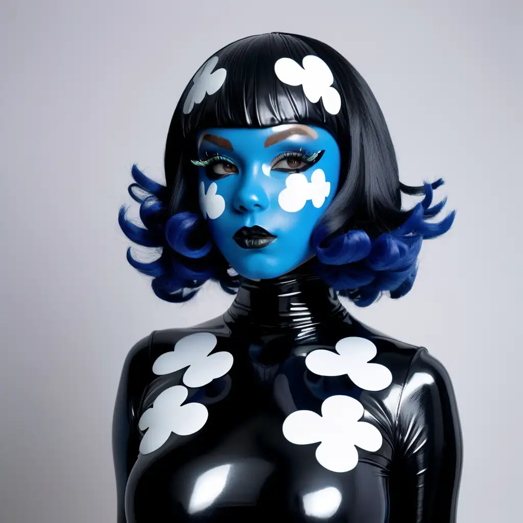 Латексная девушка с черной латексной кожей в голубом резиновом парике c с черным латексным лицом с белыми стикерами в виде облачков на лице