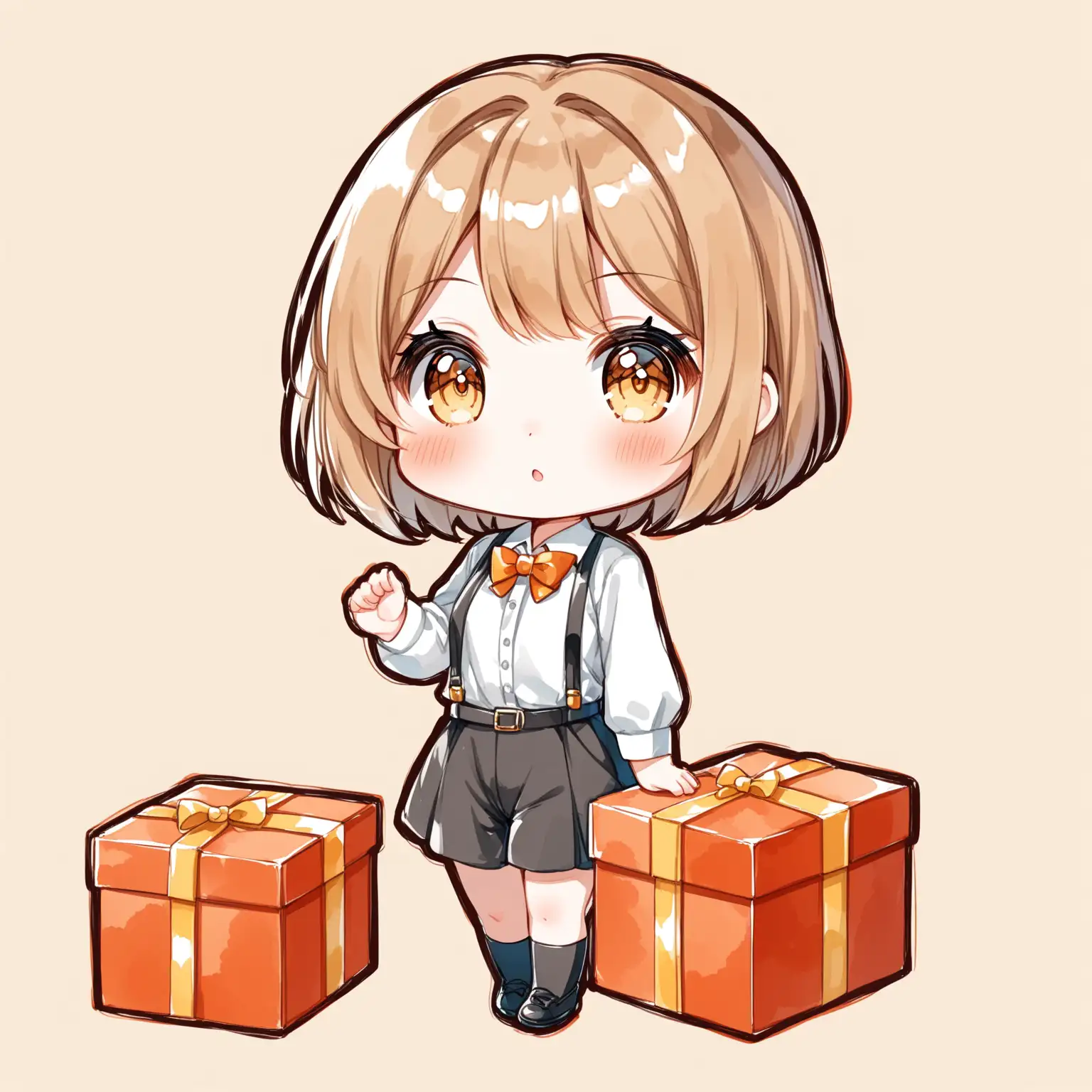 Anime cute girl, chibi style, watercolor style, playful, saleman costume, lucky box , light brown short hair, no background, full body.