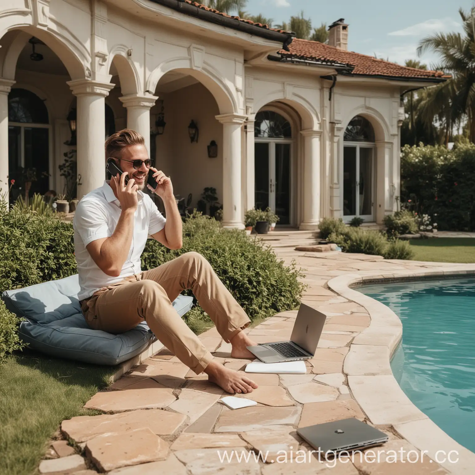 Affluent-Man-Relaxing-by-Poolside-Mansion-with-Laptop-and-Phone