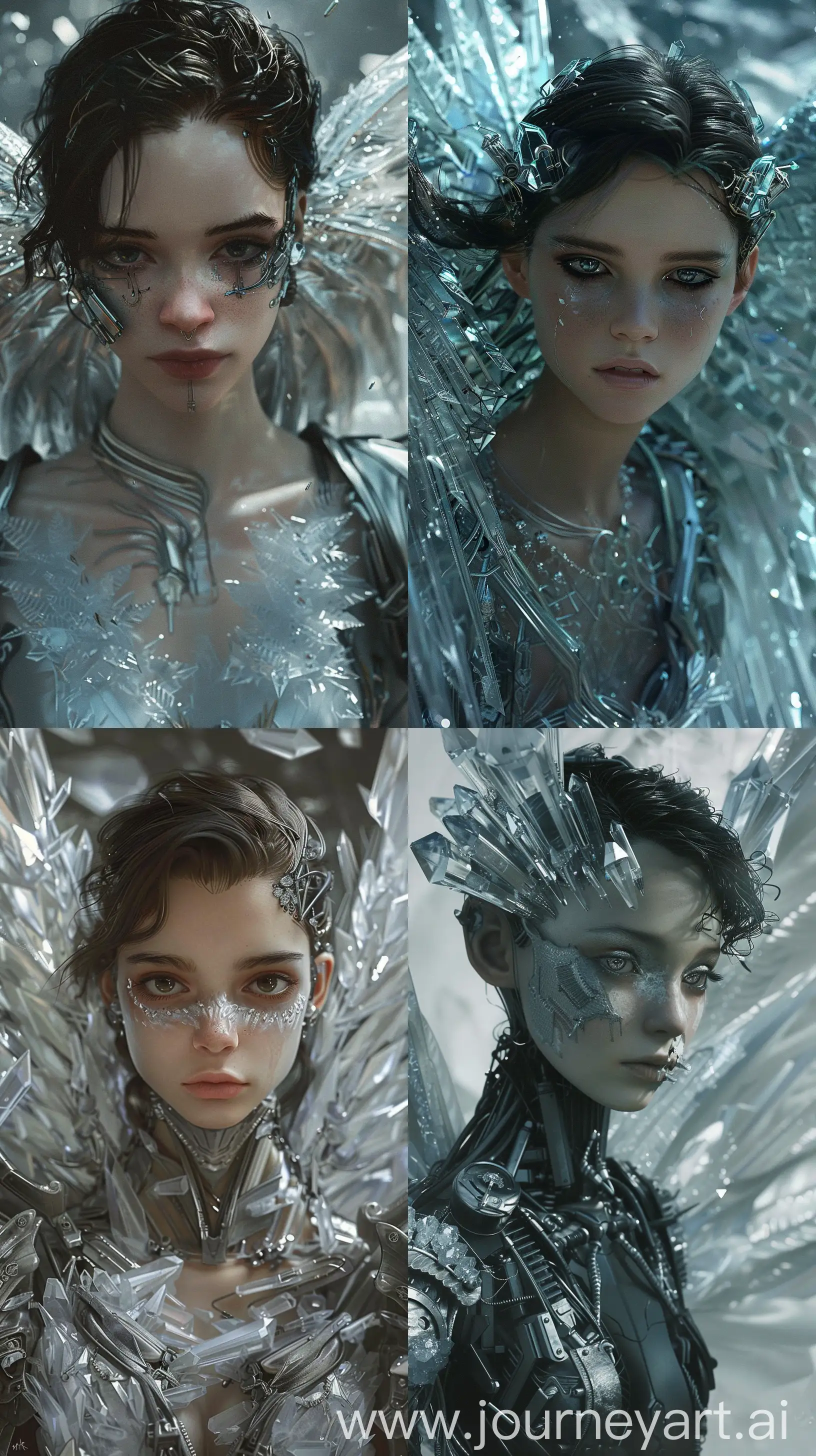 /imagine prompt: portrait of mechanical angel with crystal wings, dark, piercing eyes, gentle expression, metal clothing, photorealistic, highly detailed, artstation, smooth, sharp focus, art by michael whelan, artgerm, greg rutkowski and alphonse mucha:: --aspect 9:16 --version 6 --seed 0