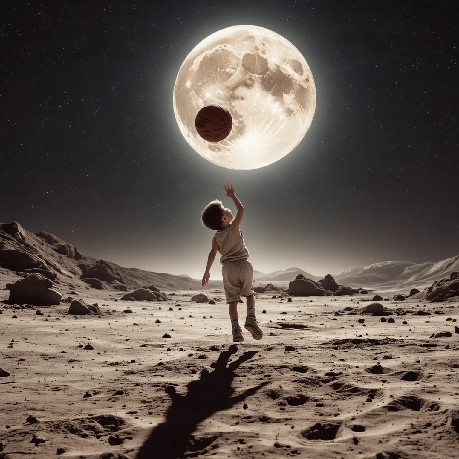 一个小男孩在月球上打篮球