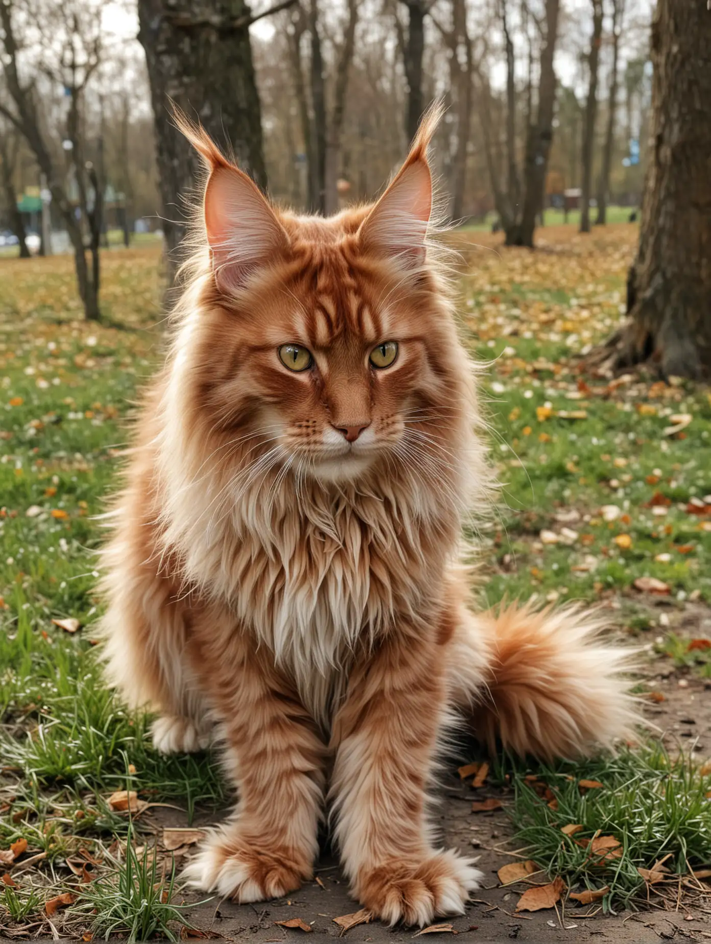 Maine coon red. are playing in the park.