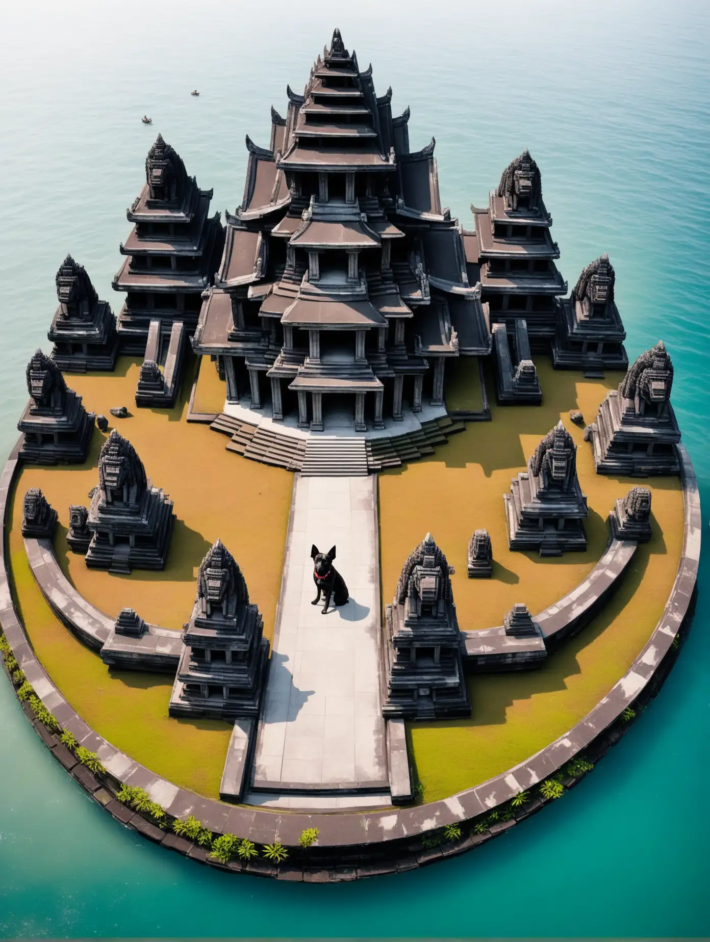 a large Indonesian stone temple complex with a dog statue in the middle of the sea, top view