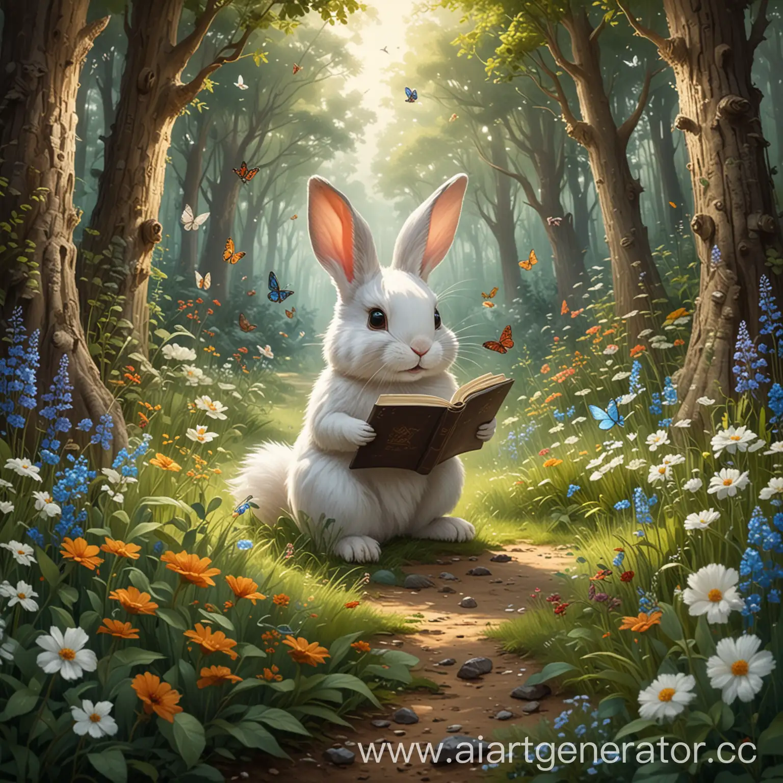 Creating an illustration for the painting "Enchanted Forest Landscape" with tall trees, lush bushes, and a small meadow covered in flowers. In the center of the clearing, depict an adorable fluffy rabbit with soft, shimmering white fur, sitting and reading a book. Show its long ears twitching as if picking up the sounds of the forest, as well as bright butterflies fluttering around the rabbit and curious squirrels peeking out from behind the bushes. Utilize detailed oil painting with oil brush strokes, sharp focus, dynamic lighting, and create an intricate, high-quality work.