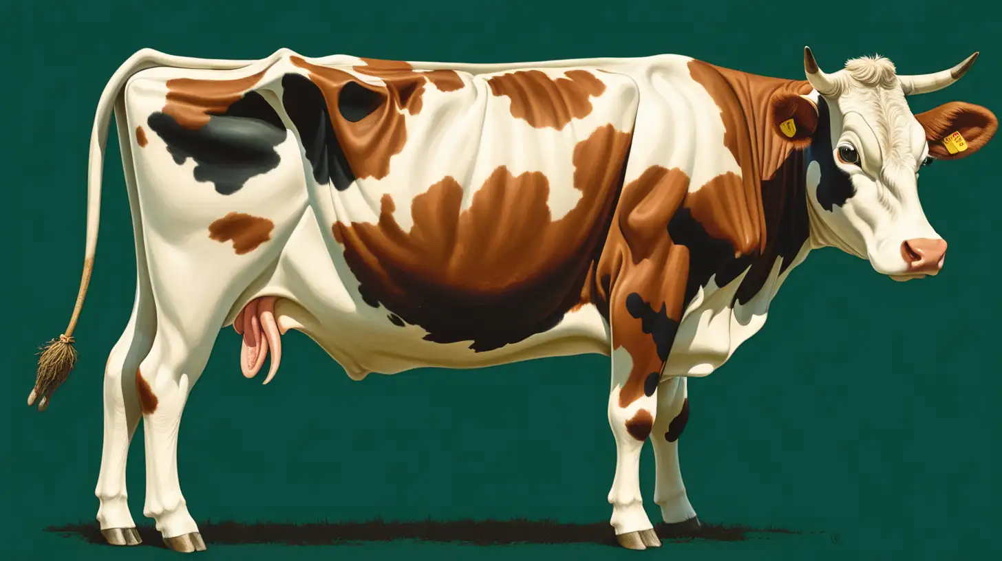 a cow seen from the back 3/4, on a dark green background