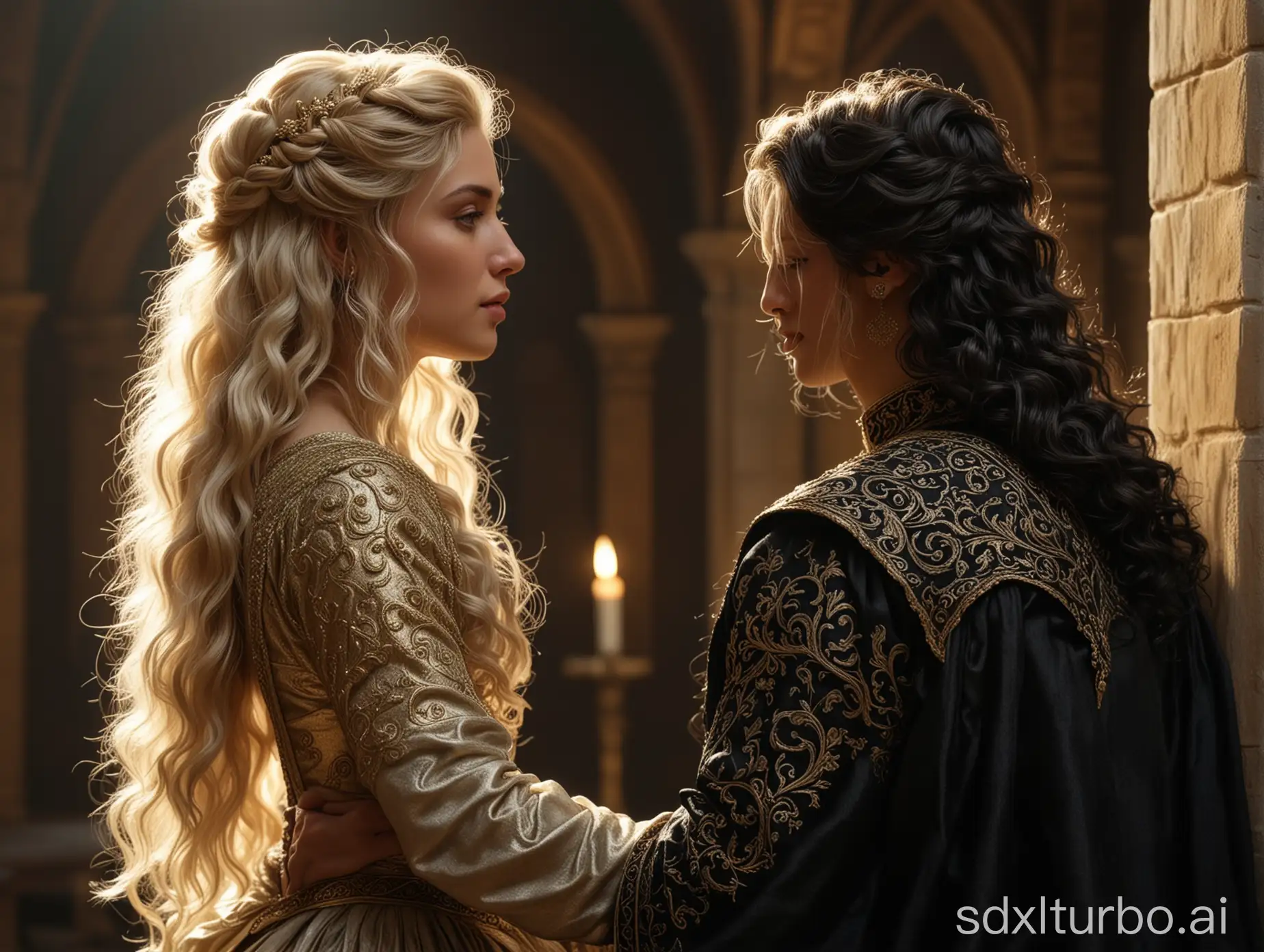 Elegant blond man, cascading wavy locks reaching his lower back, adorned in an intricate medieval costume, and a beautiful girl in her twenties with long black hair, slightly curly at the ends, garbed in a sumptuous medieval gown with a revealing neckline, perfect composition, beautiful detailed intricate insanely detailed octane render trending on artstation, 8 k, photorealistic concept art, soft natural volumetric cinematic perfect light, chiaroscuro,  masterpiece, greg rutkowski