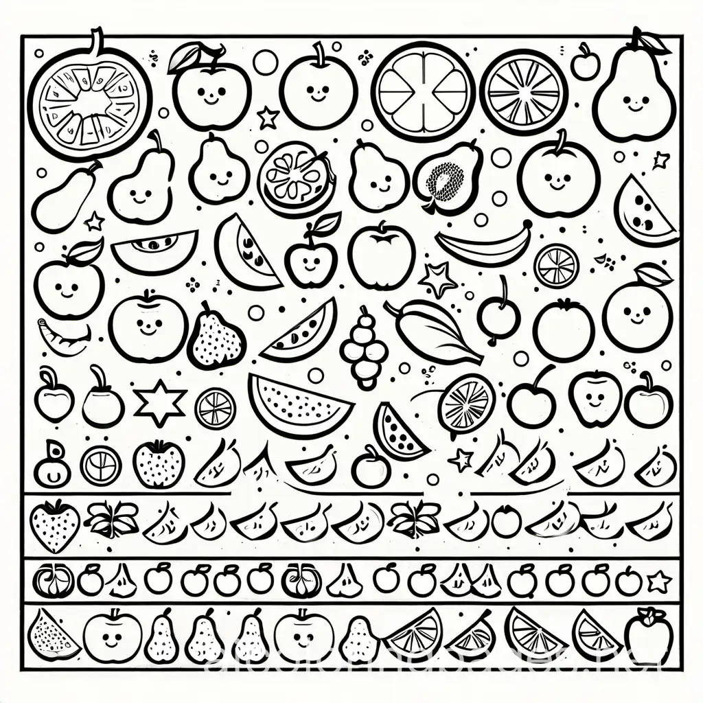 Create a fun and educational coloring page for toddlers featuring various fruits and vegetables. Each fruit and vegetable should have a corresponding label with the name of the item and the color it should be colored. 
Arrange the fruits and vegetables in a playful, engaging manner, with plenty of space for coloring. Add simple, whimsical elements like smiling faces on the fruits and vegetables to make it more fun for children. Ensure the labels are clear and easy to read, positioned next to each corresponding item.  Make the fruit bigger remove background lines remove writing remove boxes with dots add numbers
, Coloring Page, black and white, line art, white background, Simplicity, Ample White Space. The background of the coloring page is plain white to make it easy for young children to color within the lines. The outlines of all the subjects are easy to distinguish, making it simple for kids to color without too much difficulty