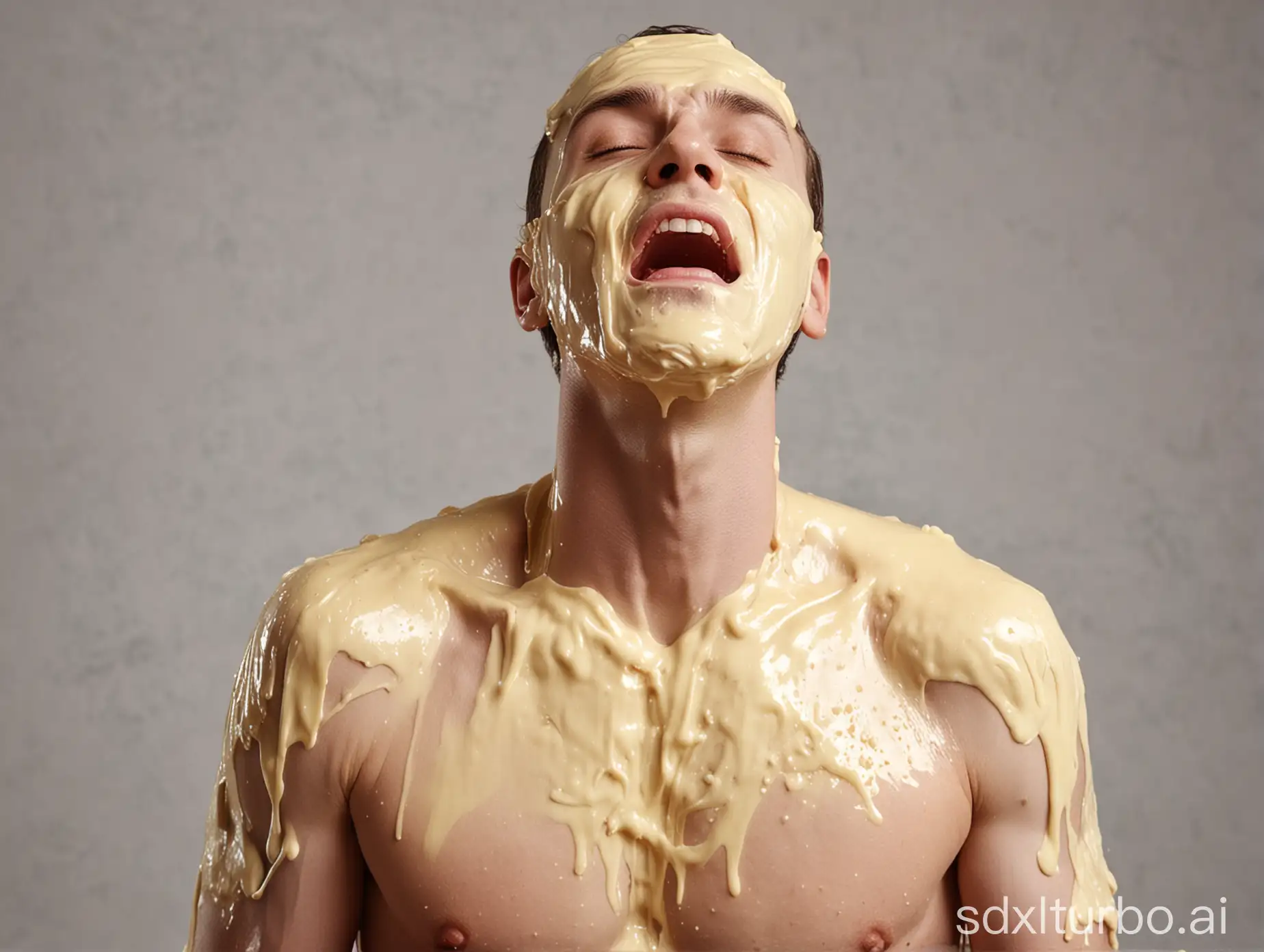 Man covered in butter shaking almost on his chest