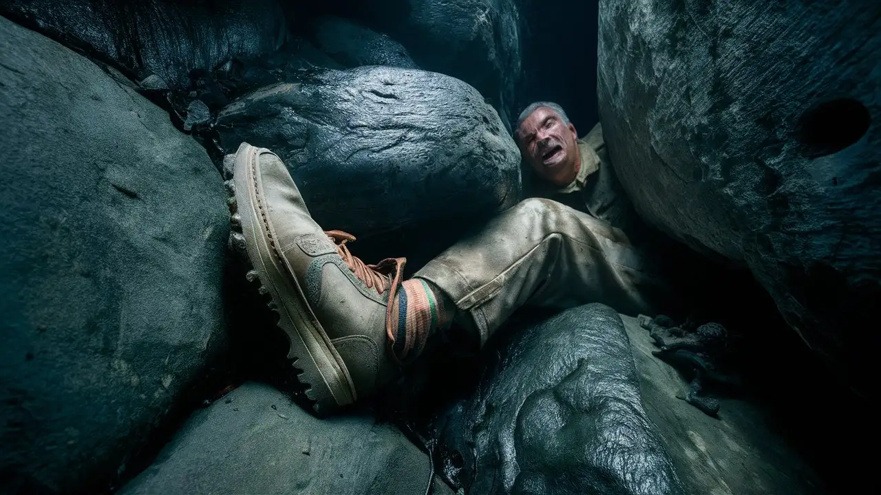 Man Trapped in Cave Amongst Enormous Stones