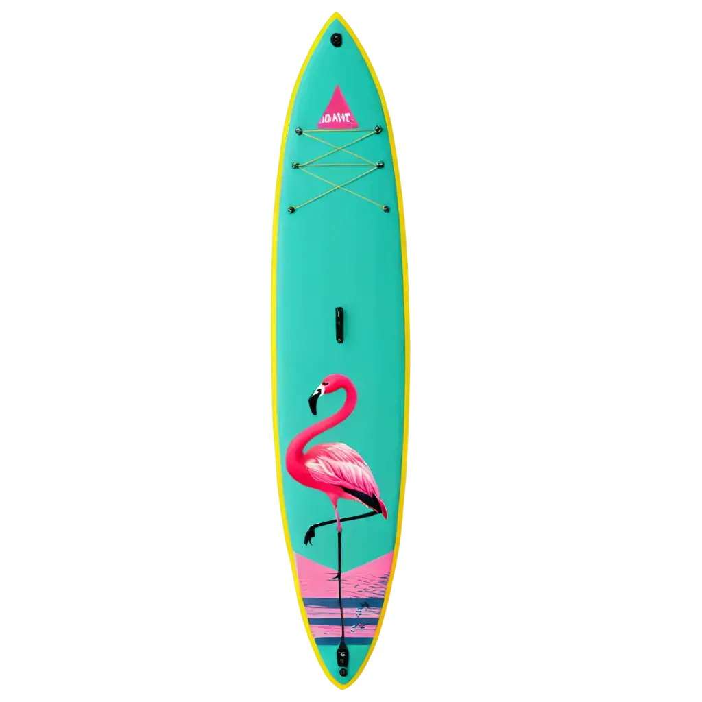 Bright SUP board with a pink flamingo pattern and yellow stripes