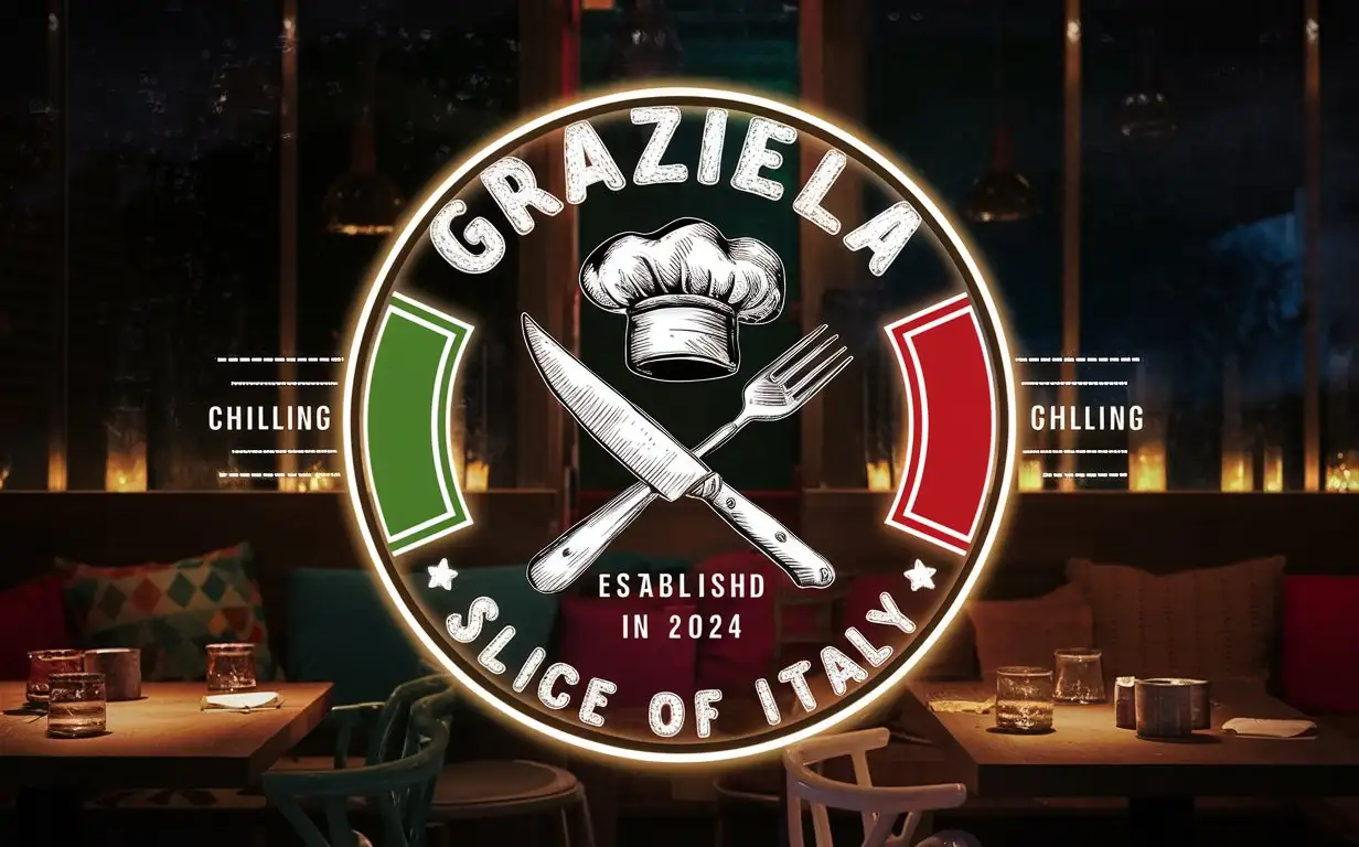 Graziella Pizzeria logo, Italian colors, Crossed knife and fork, Sketched Chef's Hat, Slogan, Slice of Italy, EST 2024, Cozy restaurant background Atmosphere, Night, Chilling, Dim light, Back lighting