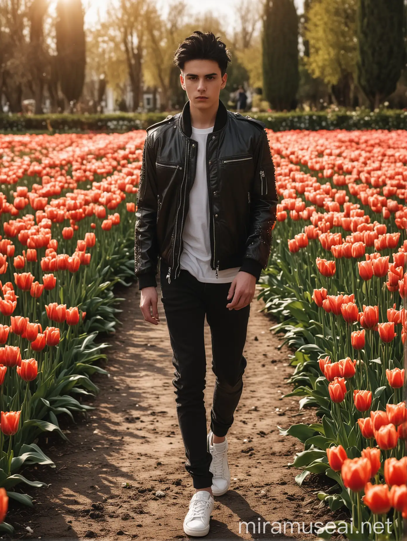 full body, long shoot, cinematic portrait of a 18 year old, handsome man with spiky black hair by side walking on Tulip Garden, Wearing Jacket and white shoes. with evening sunlight shining from behind,  profesaional photography.  flat face looking at the camera. 
