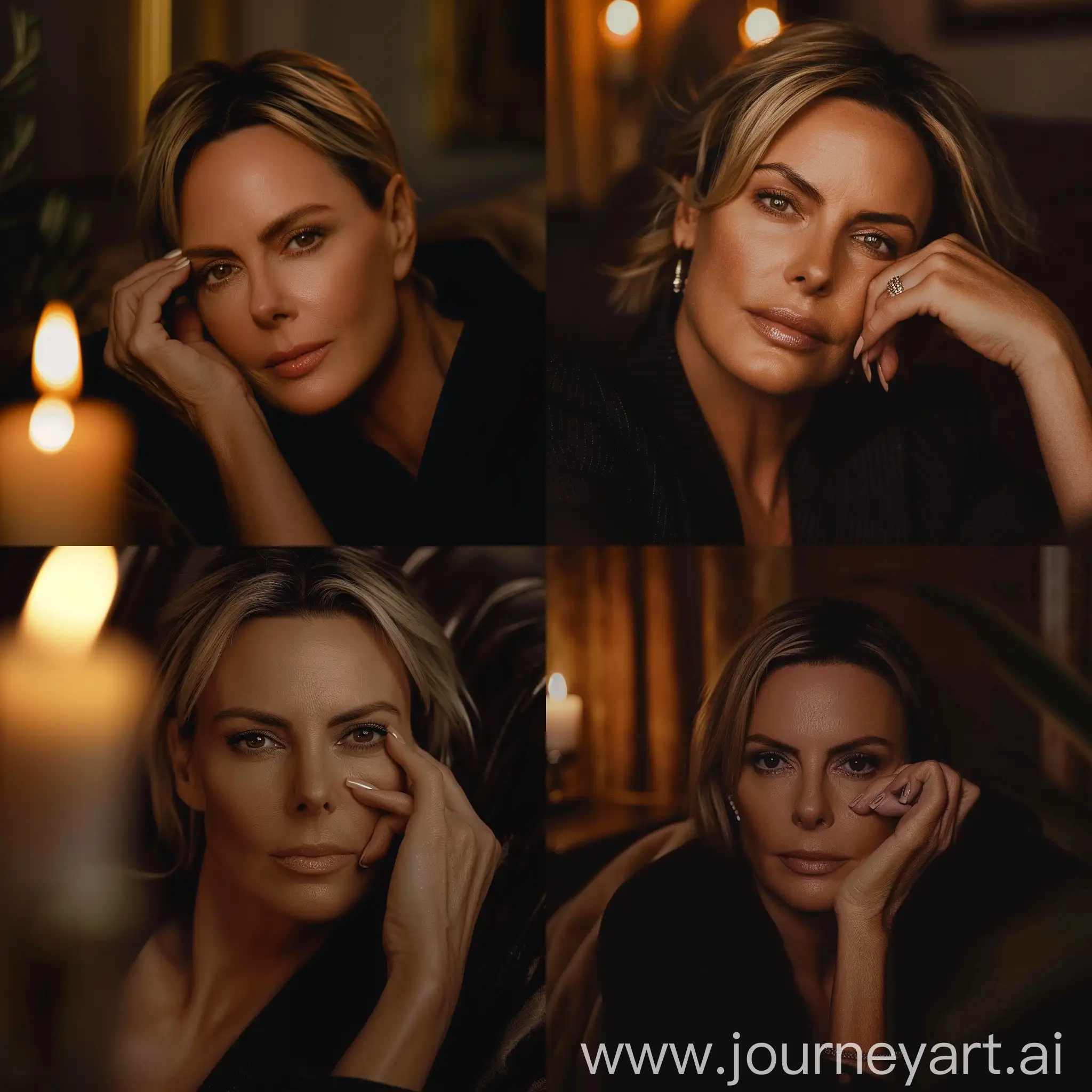 Aesthetic Instagram close up selfie: Charlize Theron in fancy London flat, lying down, dark brown color tones, in the dark, candle light, warm, cozy, posh, beige gel nail polish, hand resting on cheek, seductive,