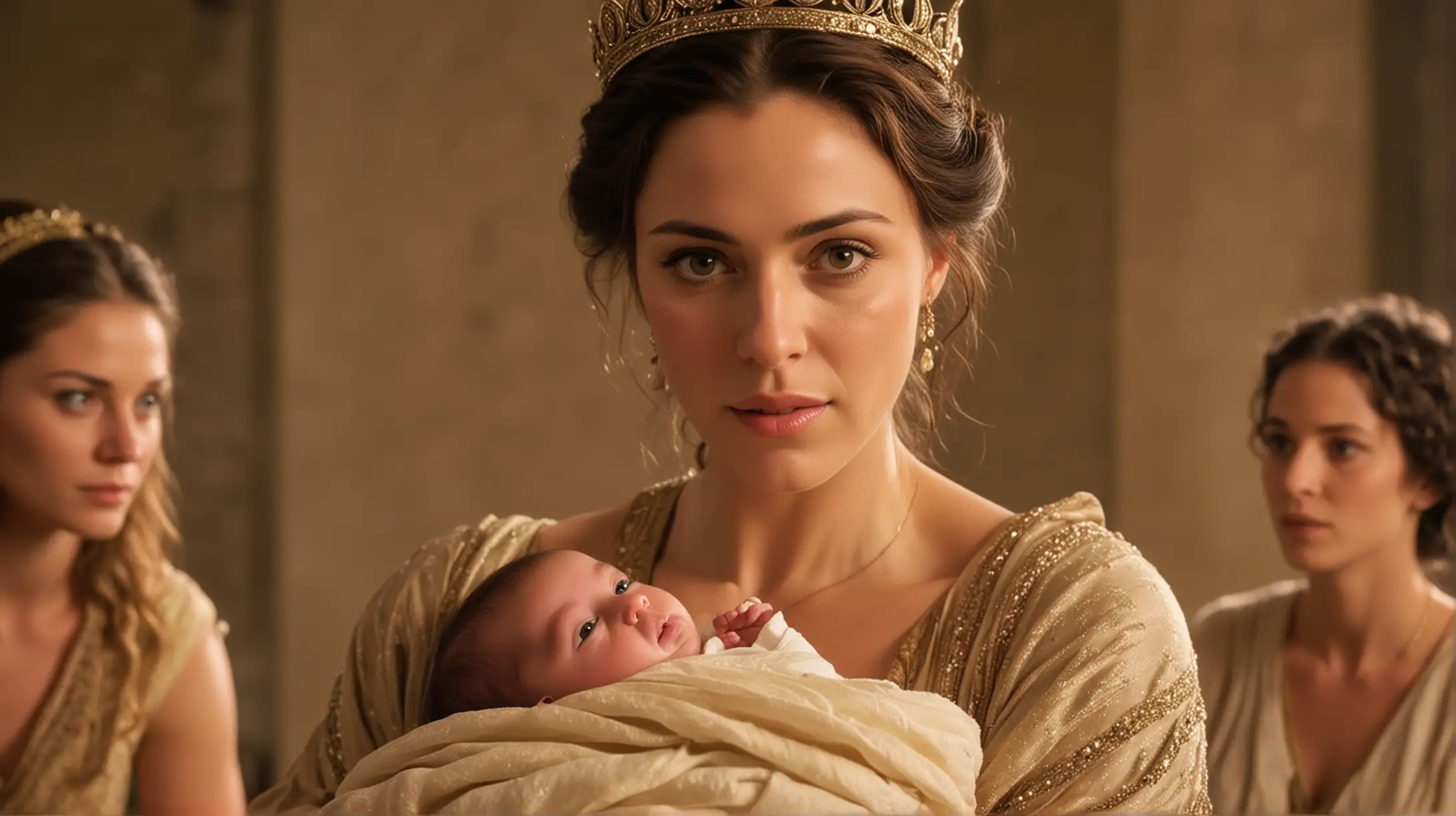 Biblical Era CloseUp Woman Holding Baby Before King Solomon