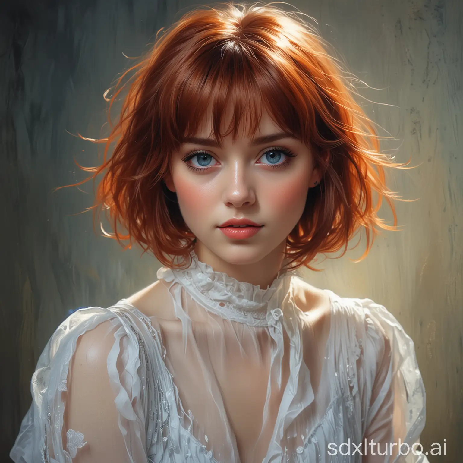 Beautiful girl with large expressive eyes, slight smile, short red hair in bob style, bangs, with long black eyelashes, blue eyes, dressed in a white chiffon black blouse  long sleeve, bangs, with long black eyelashes, blue eyes, dressed in a white chiffon blouse long sleeve, image captured in a soft sketch, style merging the artistic influences of Albert Eckhout, Louis Royo, and Konstantin Razumov, the canvas textured with otherworldly glow simulating luminescent sheen, glow effect, soft, intricate pose