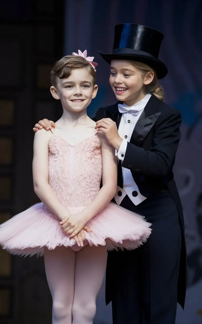 ((Gender role-reversal)), colourful Photograph of a cute little 10-year-old schoolboy bravely standing on stage in a fluffy pink ballerina dress and tights smiling nervously,  is standing next to a 10-year-old girl in a tuxedo and a top hat and black trousers instructing the boy, toothy smiles, adorable, perfect faces, perfect faces, clear faces, perfect eyes, perfect noses, smooth skin